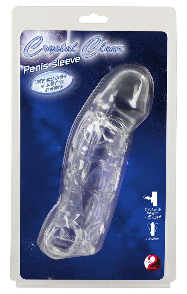 Transparenter Penis Sleeve in Blisterverpackung. Aufschrift: Crystal Clear, Penis Sleeve. Mit Verlängerung & Hodenring. Marke: YOU2.