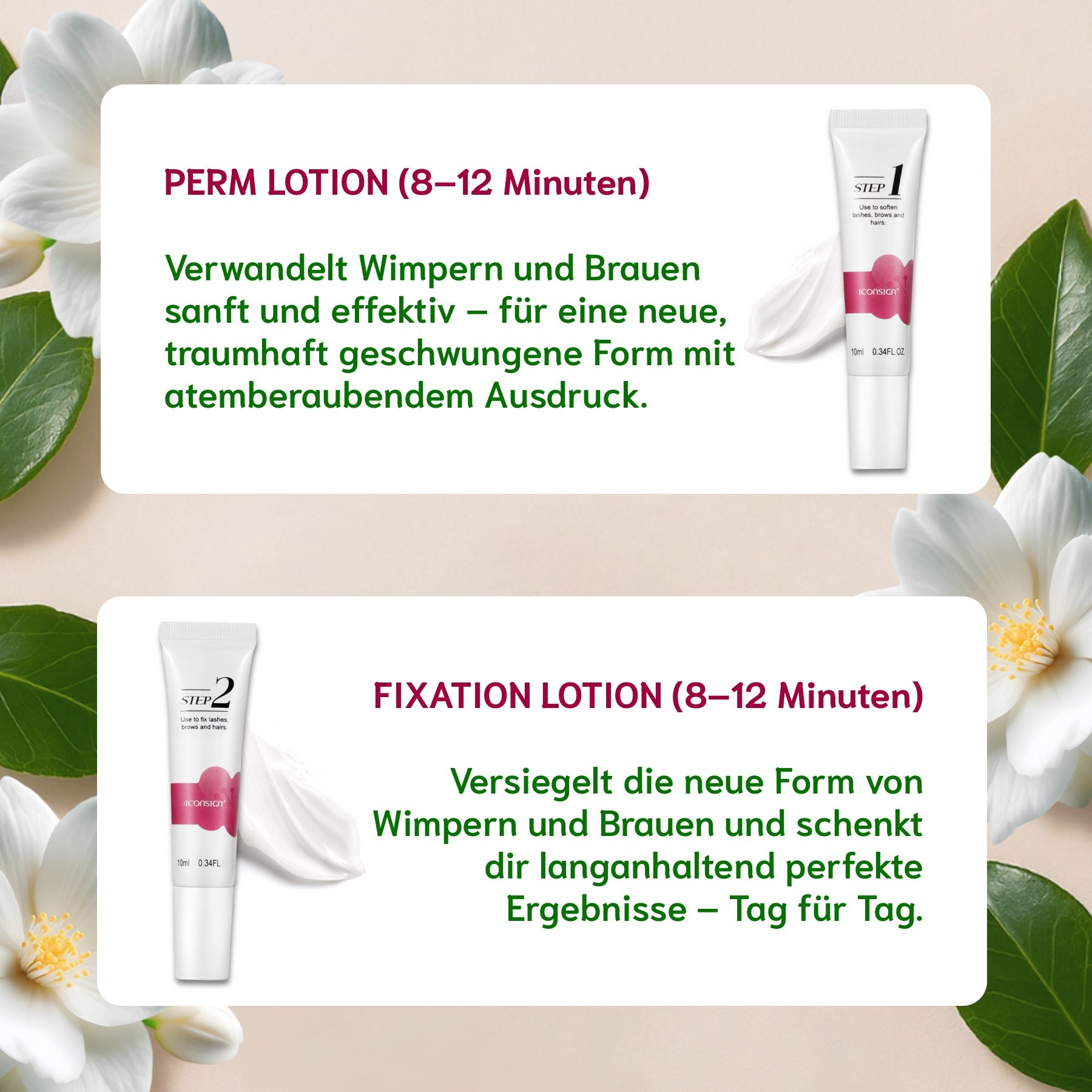 Zwei Tuben mit Creme, 'STEP 1' und 'STEP 2'. Weiße Tuben mit rosa Akzenten. 10ml, 0.34FL.OZ.