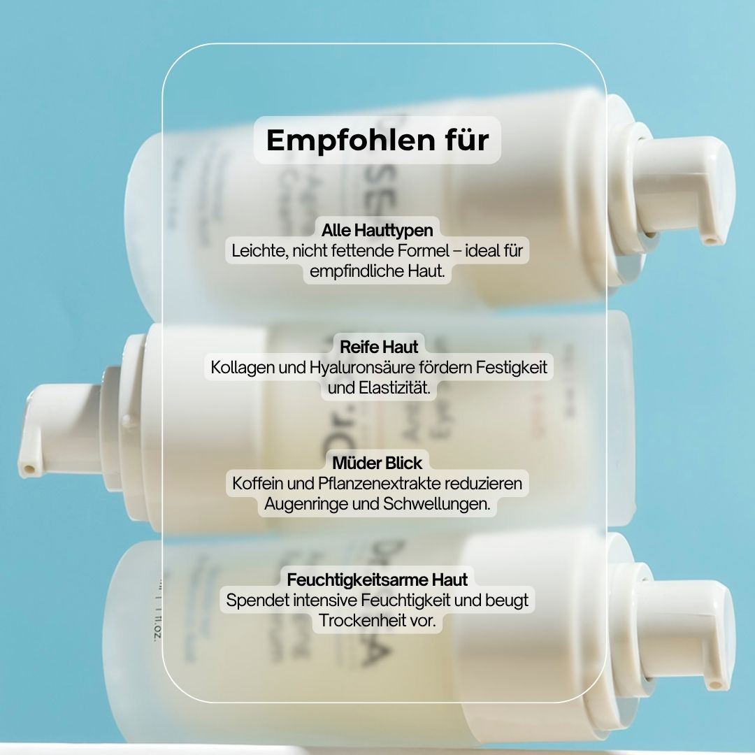 Drei Augencreme-Flakons mit Spender. Aufschrift: Anti-Aging Eye Cream. Text: Empfohlen für: Alle Hauttypen, reife Haut, müder Blick.