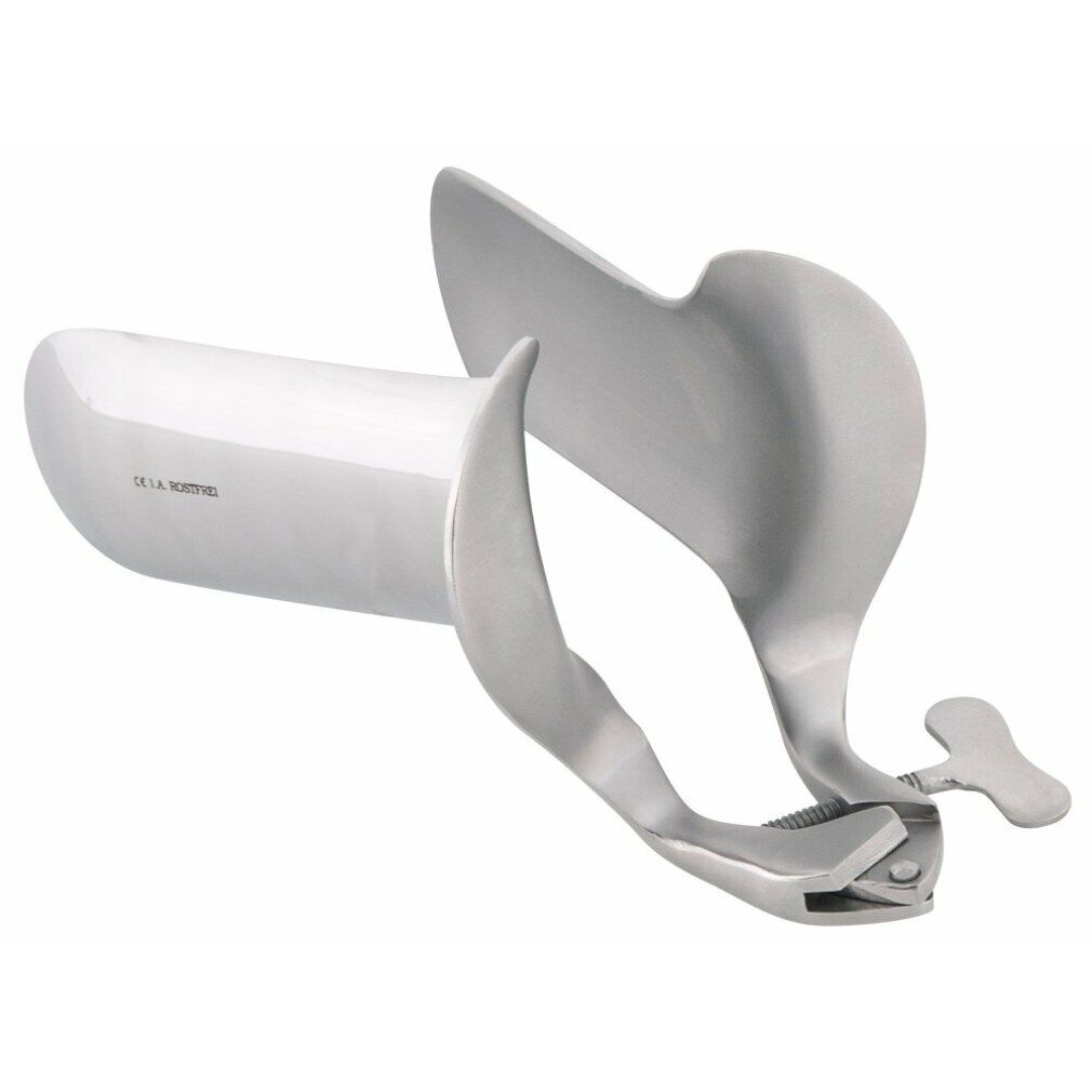 Vaginalspekulum aus Edelstahl. Metall, glänzend. Mit Flügeln und Schraubmechanismus. Sichtbare Marke: DE LA MOTTE.