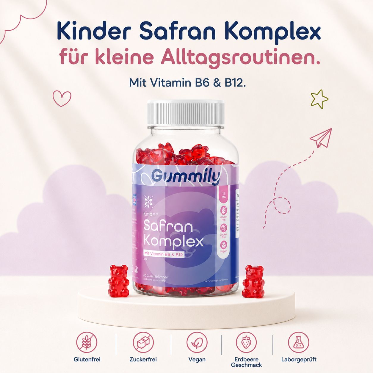 Gummily Kinder Safran Komplex Flasche auf Podest, umgeben von roten Gummibärchen.
