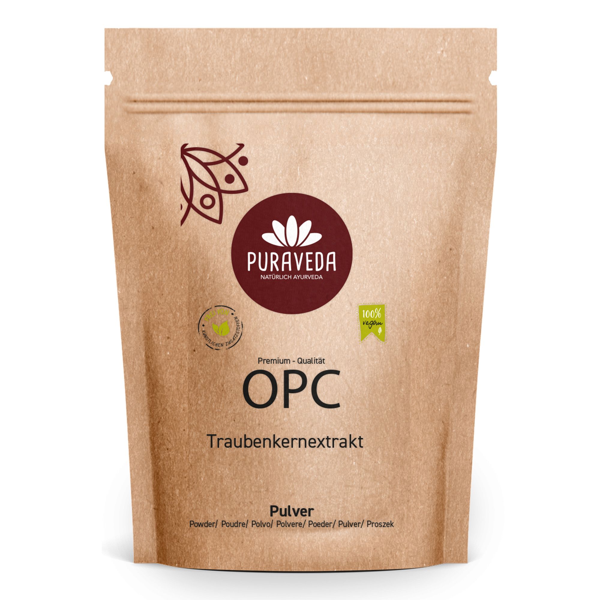 Braune Papiertüte mit Produktlogo und Text. Enthält den Markennamen Puraveda und die Produktbezeichnung OPC Traubenkernextrakt Pulver.