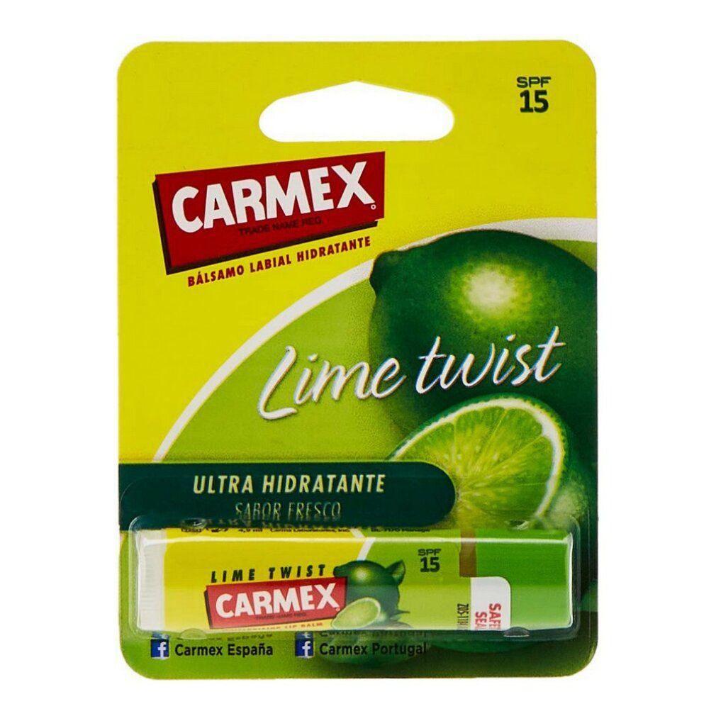 Carmex Lime Twist Lippenbalsam-Stick in Verpackung. Gelb-grüne Verpackung mit Produktabbildung und Schriftzug. Enthält SPF 15.