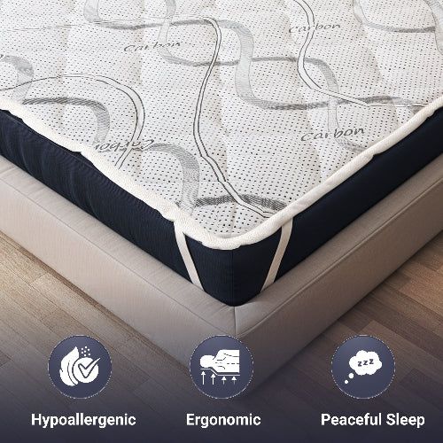 Matratzenschoner mit Gummibändern, 'Hypoallergenic', 'Ergonomic', 'Peaceful Sleep'-Symbolen.