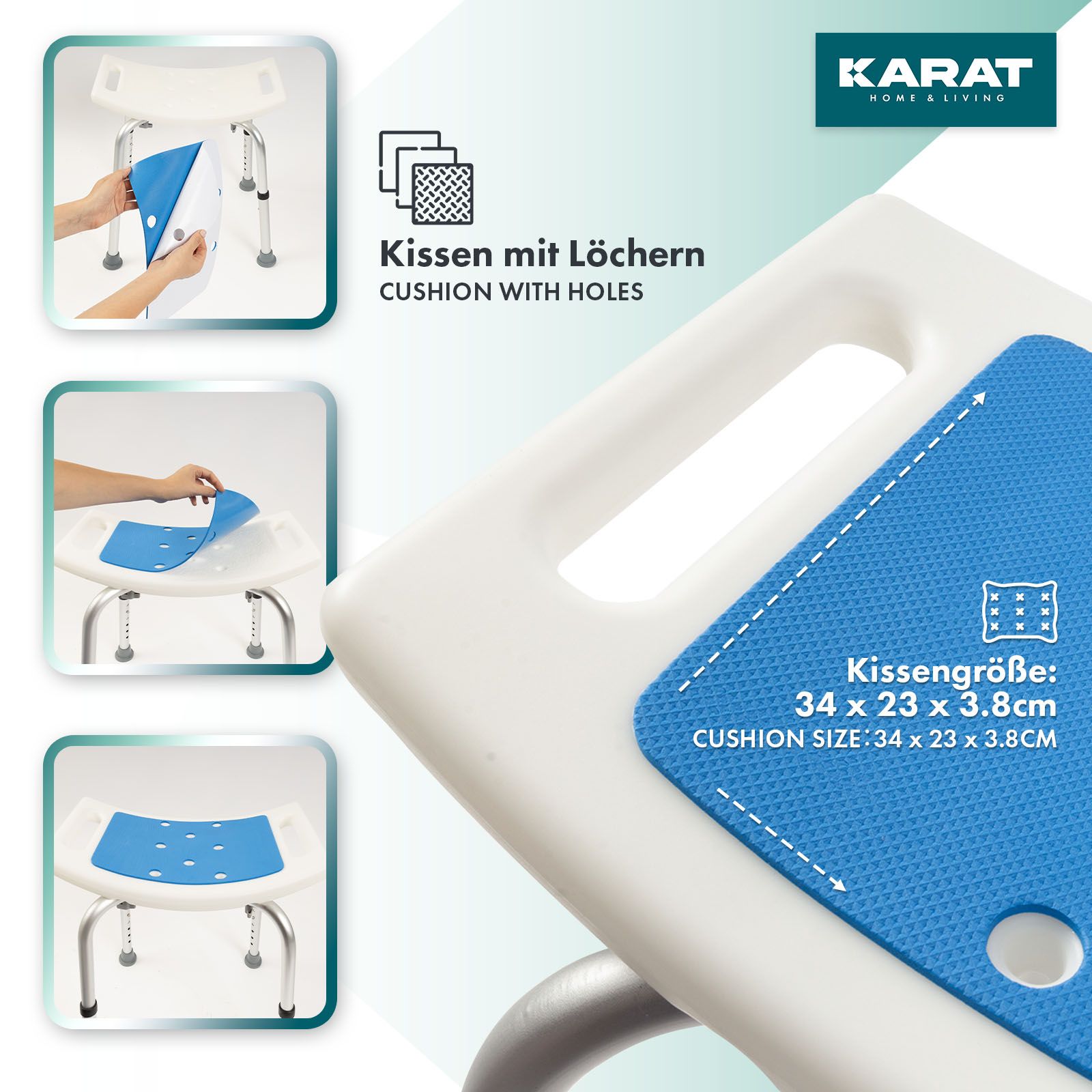 Duschhocker, blauer Sitz mit Löchern. Kissen mit Löchern. Kissengröße: 34 x 23 x 3.8cm.