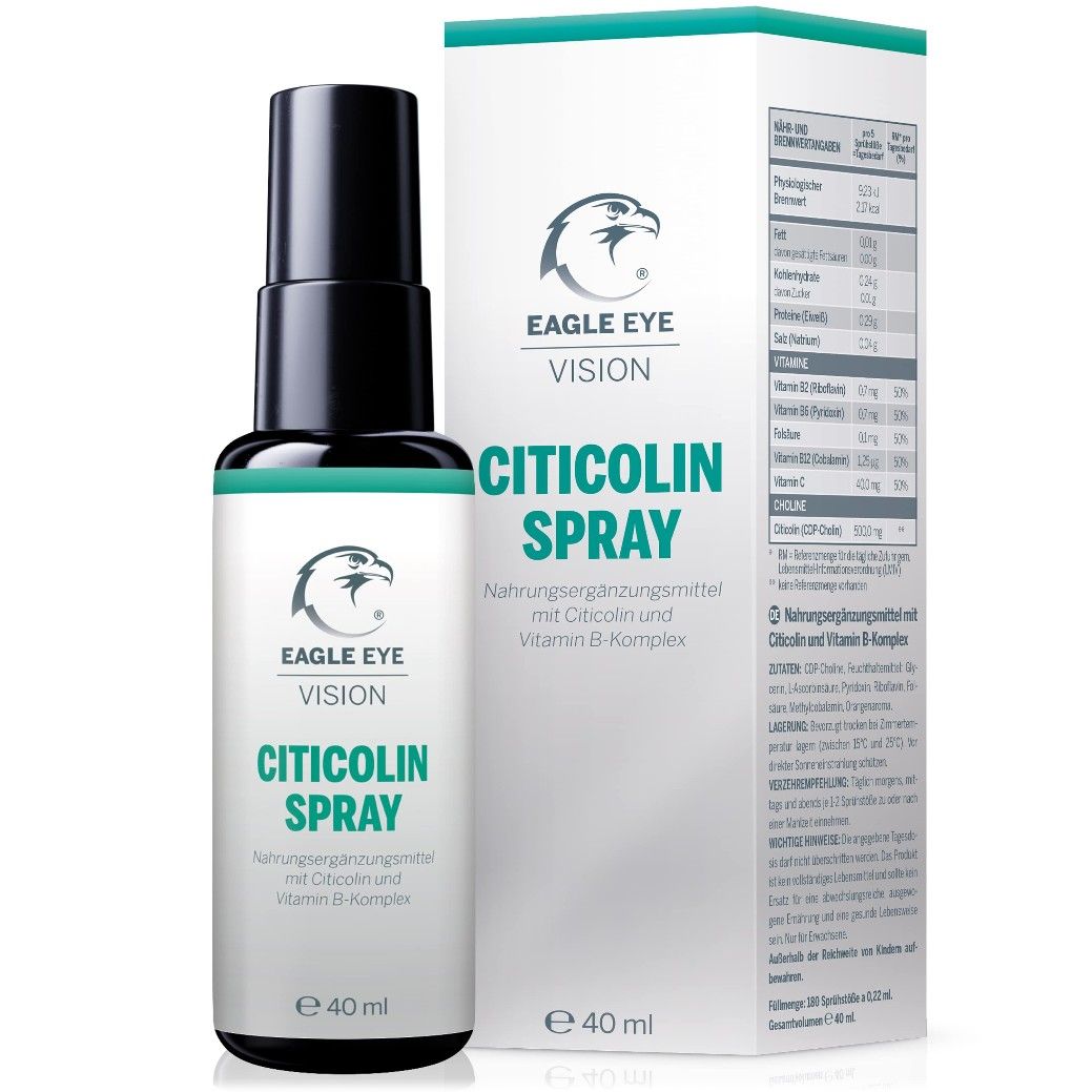 EAGLE EYE VISION CITICOLIN SPRAY Flasche und Verpackung. Enthält Citicolin und Vitamin B-Komplex. Flasche: 40 ml.