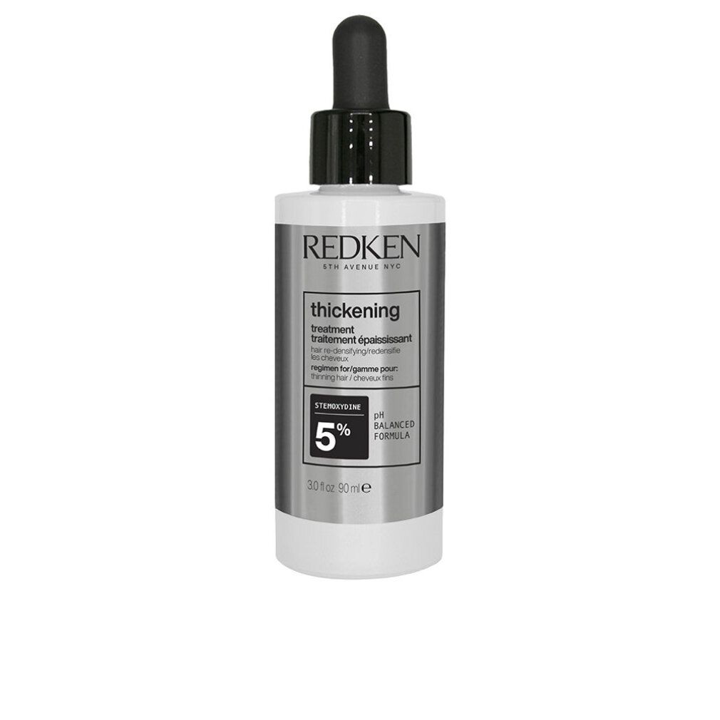 Weiß-silberne Flasche mit schwarzem Deckel und Pipette. Aufschrift: Redken, thickening treatment, 5%, Balanced Formula.