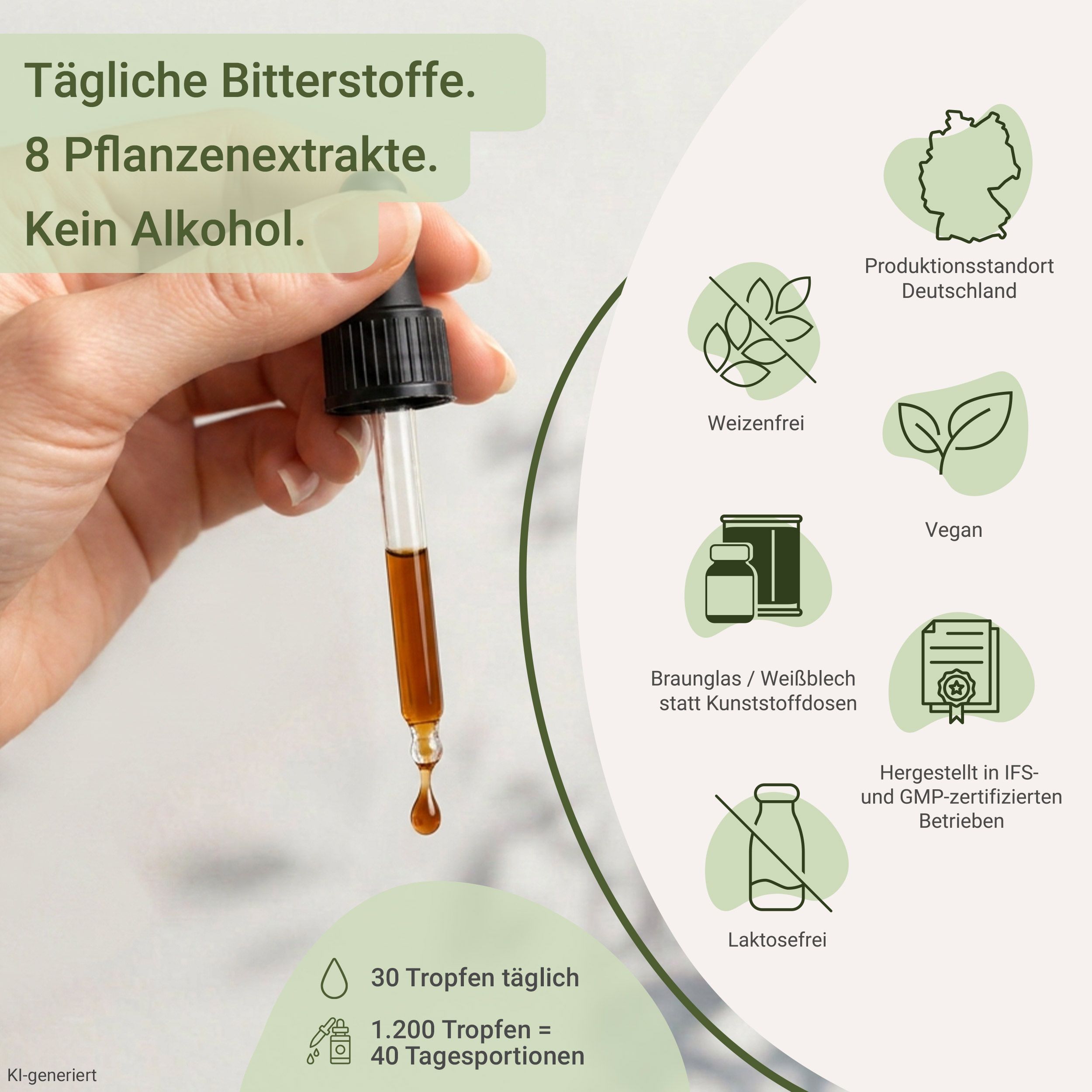 Hand hält Pipette mit Bitterkräuter-Tropfen. Icons zeigen: Deutschland, weizenfrei, vegan, Glasflasche, IFS/GMP-zertifiziert, laktosefrei.