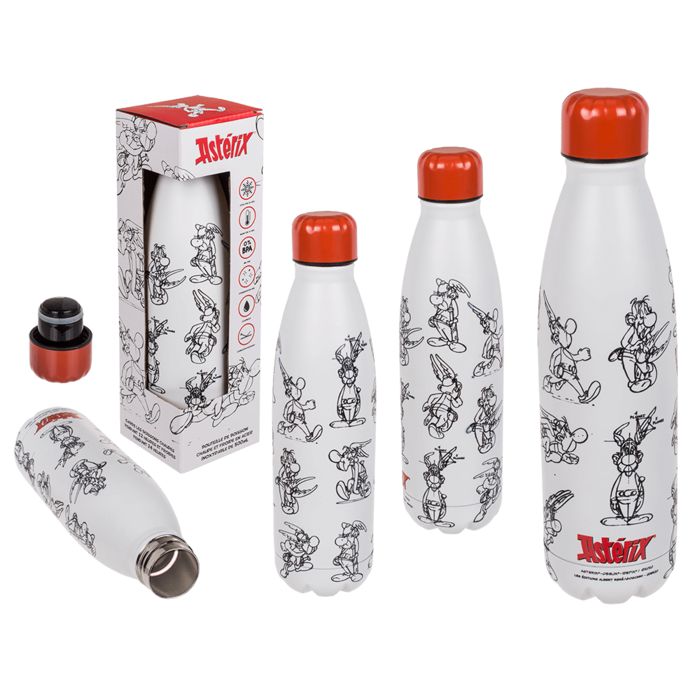 Mehrere Trinkflaschen mit Asterix-Zeichnungen. Weiße Flaschen mit rotem Deckel.