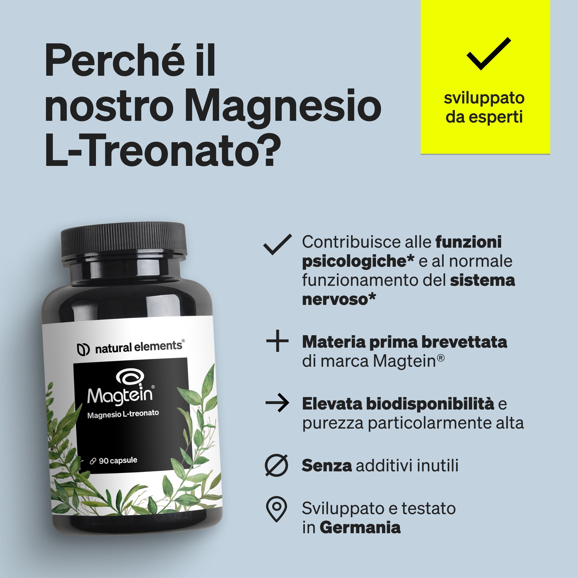 Flasche mit Magnesium L-Threonat Kapseln von natural elements.
