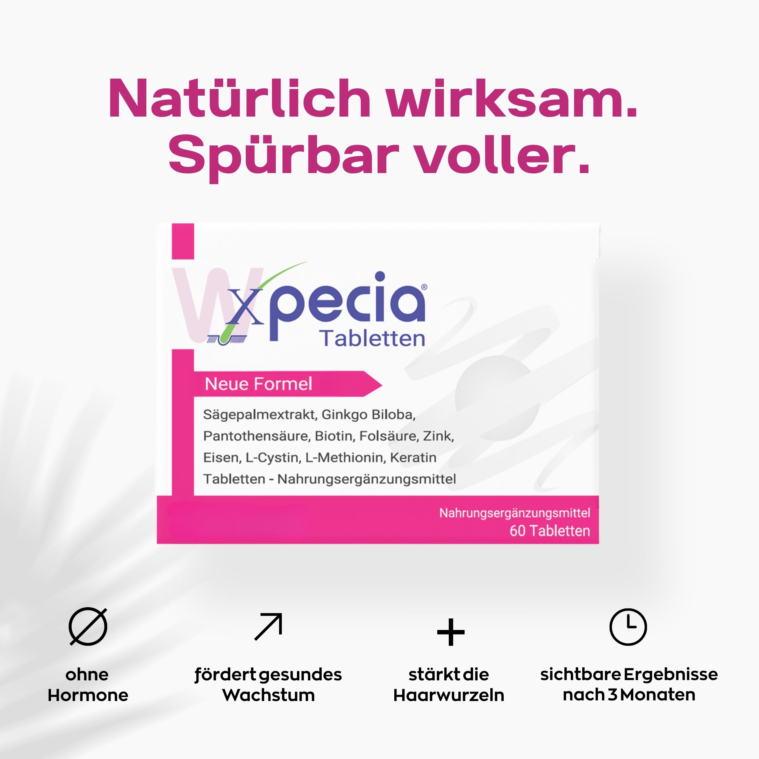Xpecia Tabletten-Packung. Weiße Verpackung mit rosa Akzenten. Text: Tabletten, Nahrungsergänzungsmittel. Ohne Hormone.