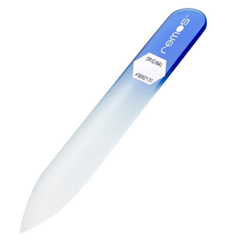 Glasnagelfeile, beidseitig, blau-weiß. Marke remos.