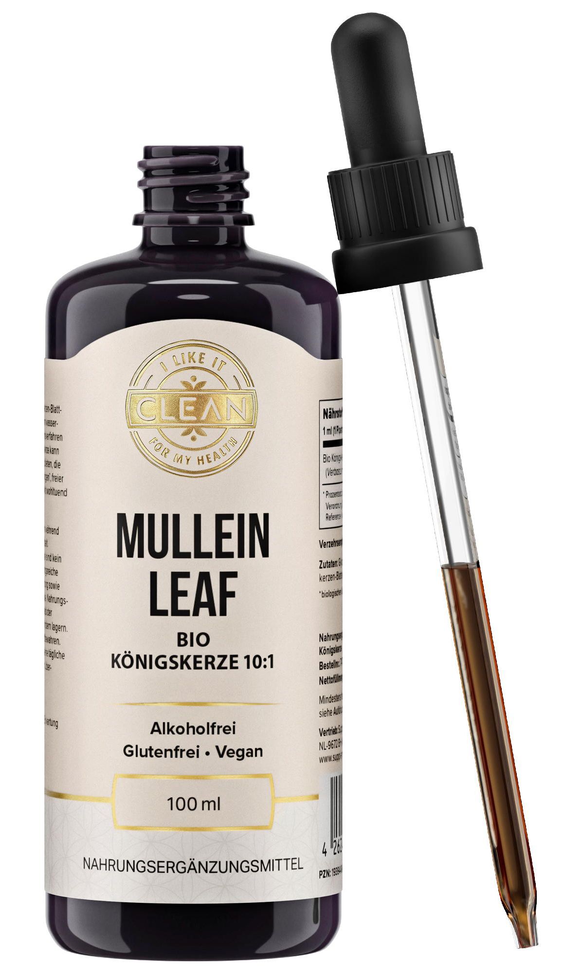 Braune Glasflasche mit Pipette. Aufschrift: Mullein Leaf Bio Königskerze 10:1. Vegan, glutenfrei. 100 ml. Pipette daneben.