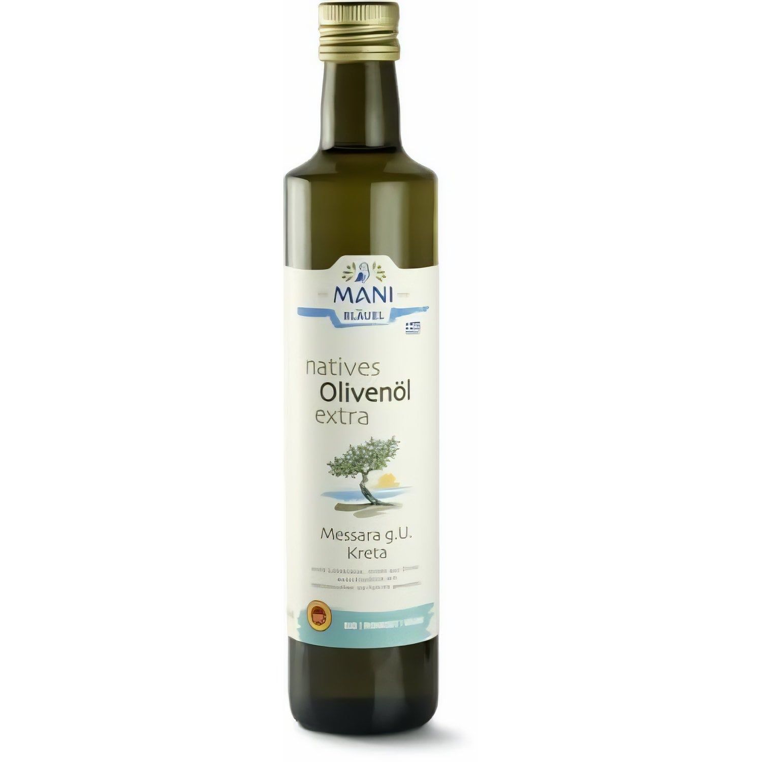 MANI natives Olivenöl extra aus Messara g.U. Kreta in dunkler Glasflasche mit goldenem Verschluss.