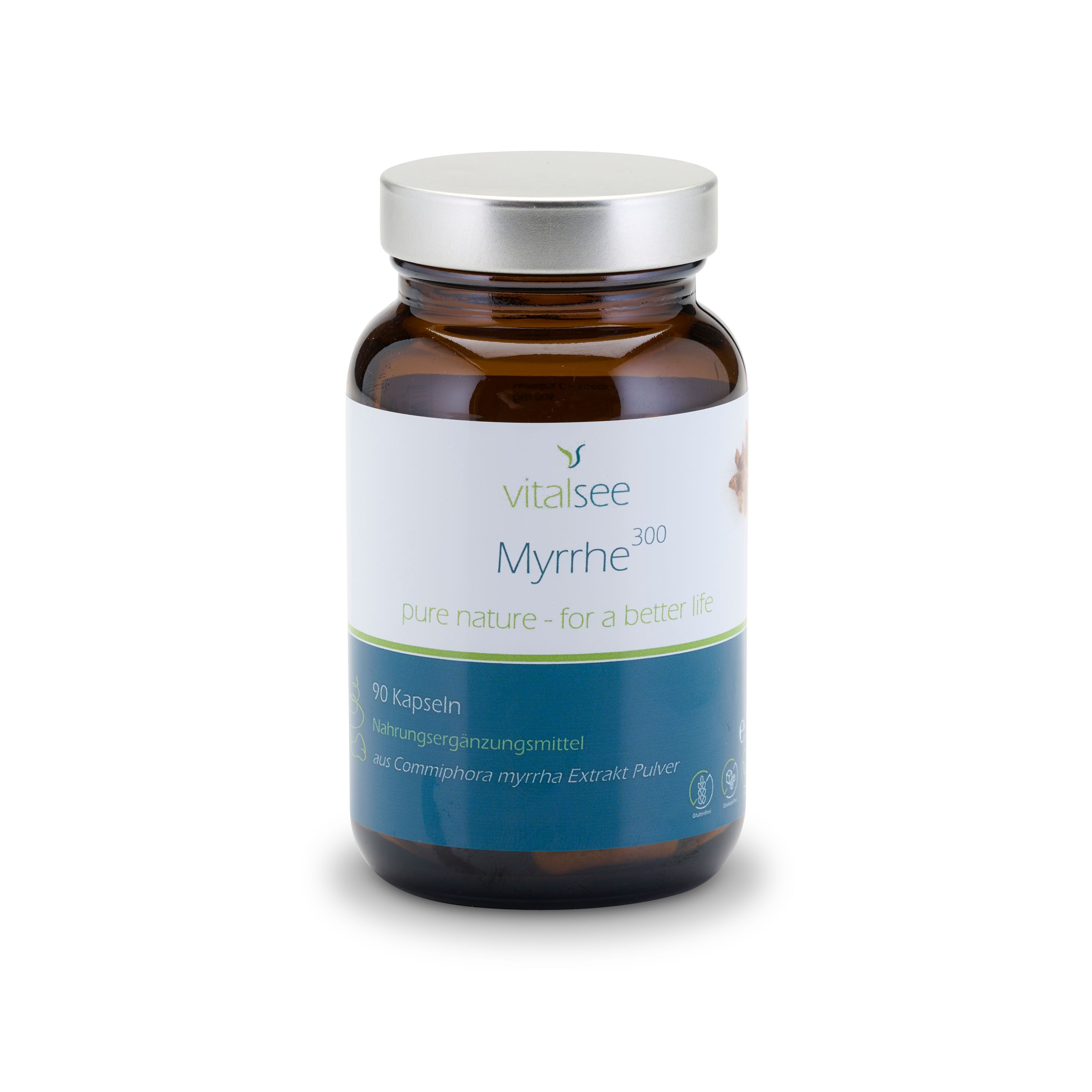 Braune Glasflasche mit silbernem Deckel. Etikett mit Produktnamen und Logo. Kapseln im Inneren sichtbar.