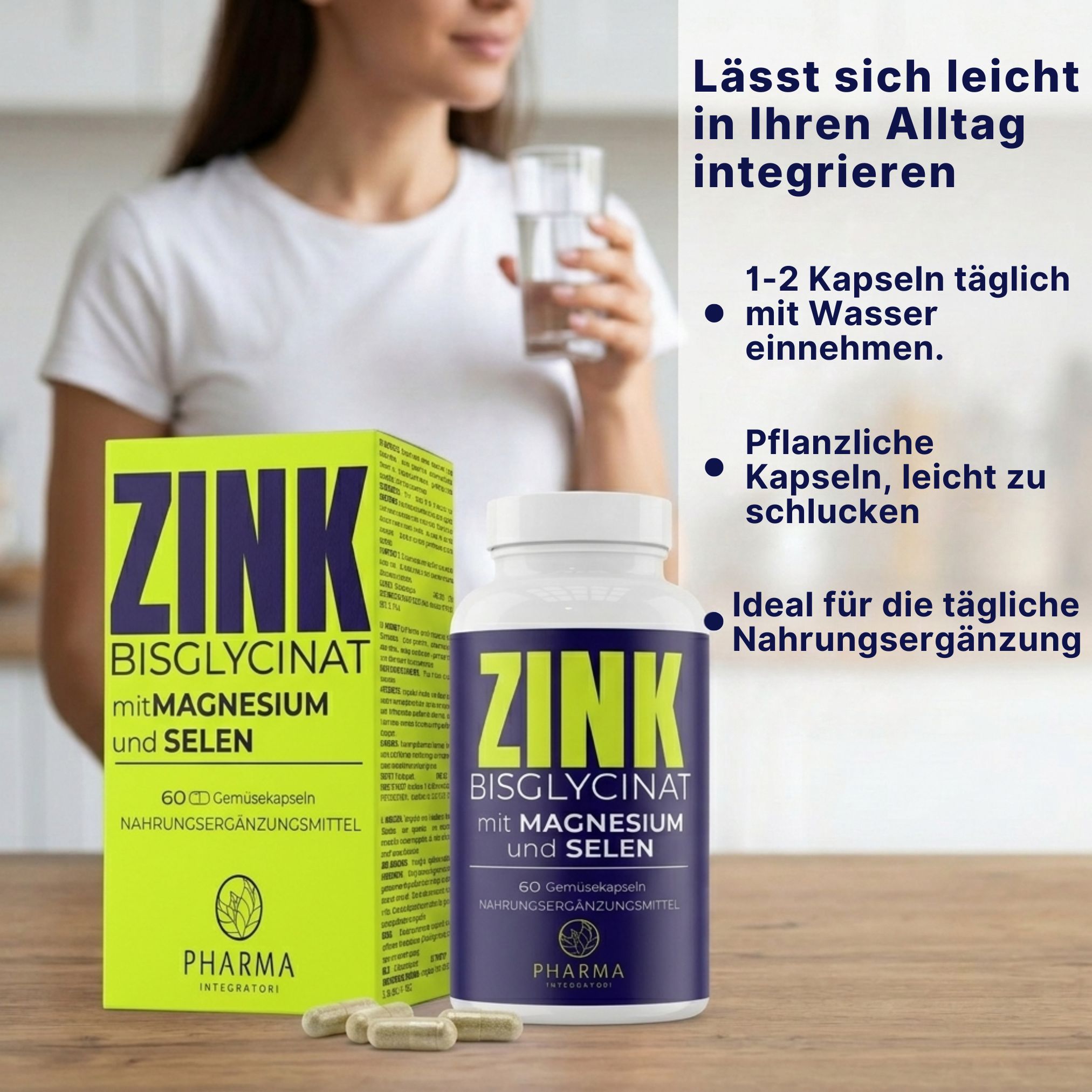 Frau trinkt Wasser neben Zink Bisglycinat Verpackung und Flasche. Einfache Integration in den Alltag.