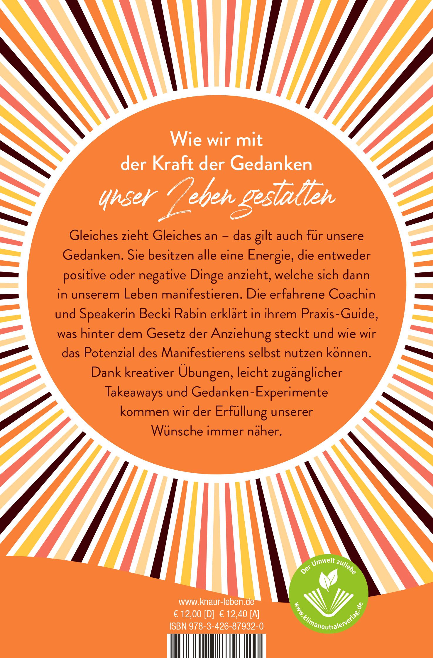 Buchrückseite mit Text über Manifestieren. Orangefarbener Hintergrund mit Sonnenstrahlen-Design. Umweltzeichen.