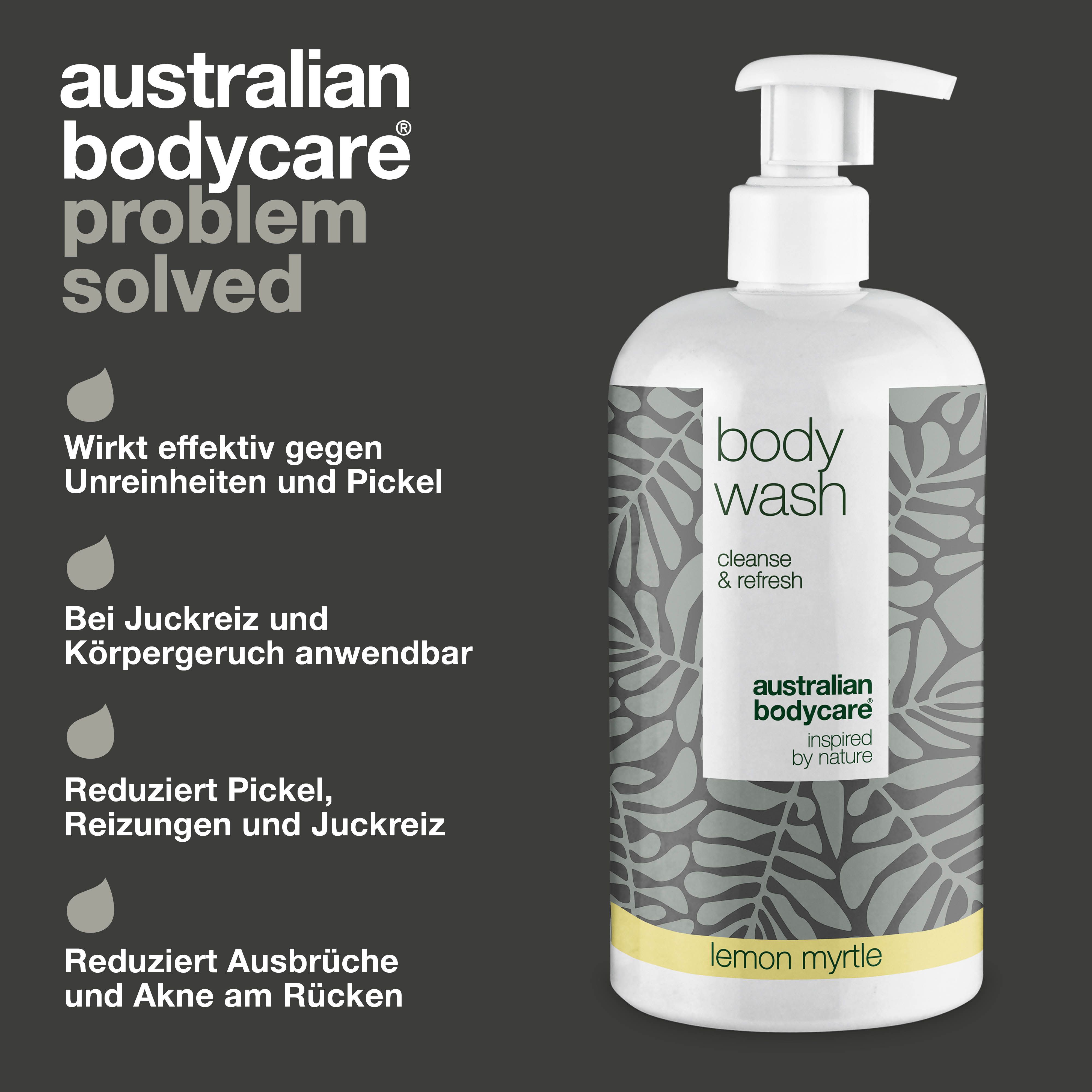 Eine Flasche Body Wash. Text: Australian Bodycare, Lemon Myrtle. Aufzählungspunkte: Unreinheiten, Pickel, Juckreiz.