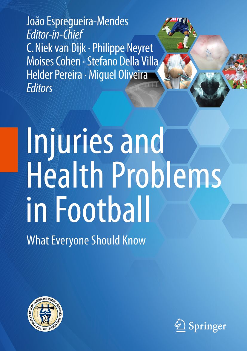 Buchcover: Injuries and Health Problems in Football. Titel und Autoren auf blauem Hintergrund. Springer-Logo.