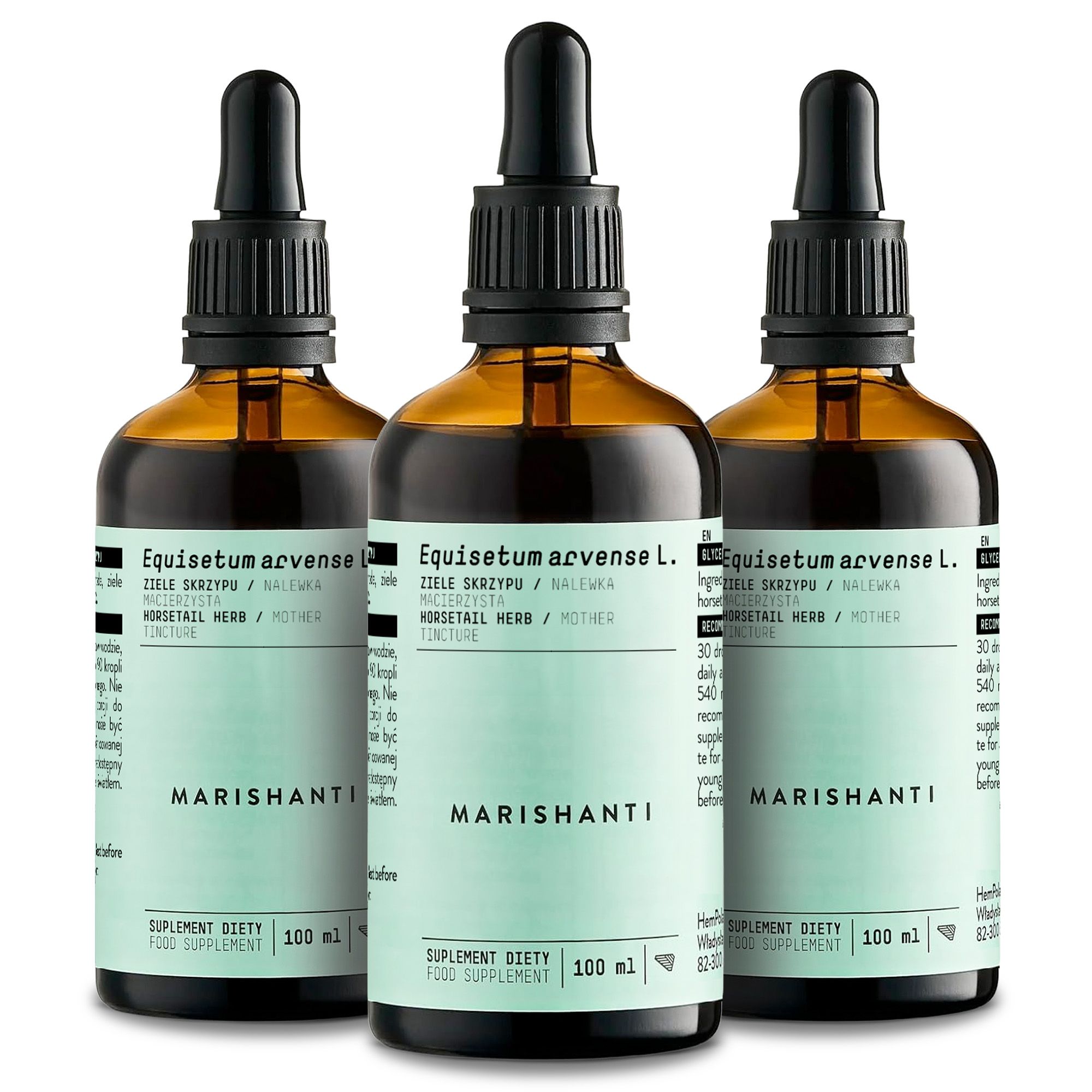 Drei braune Glasflaschen mit Pipette. Aufschrift Marishanti. 100 ml. Supplement Diety.