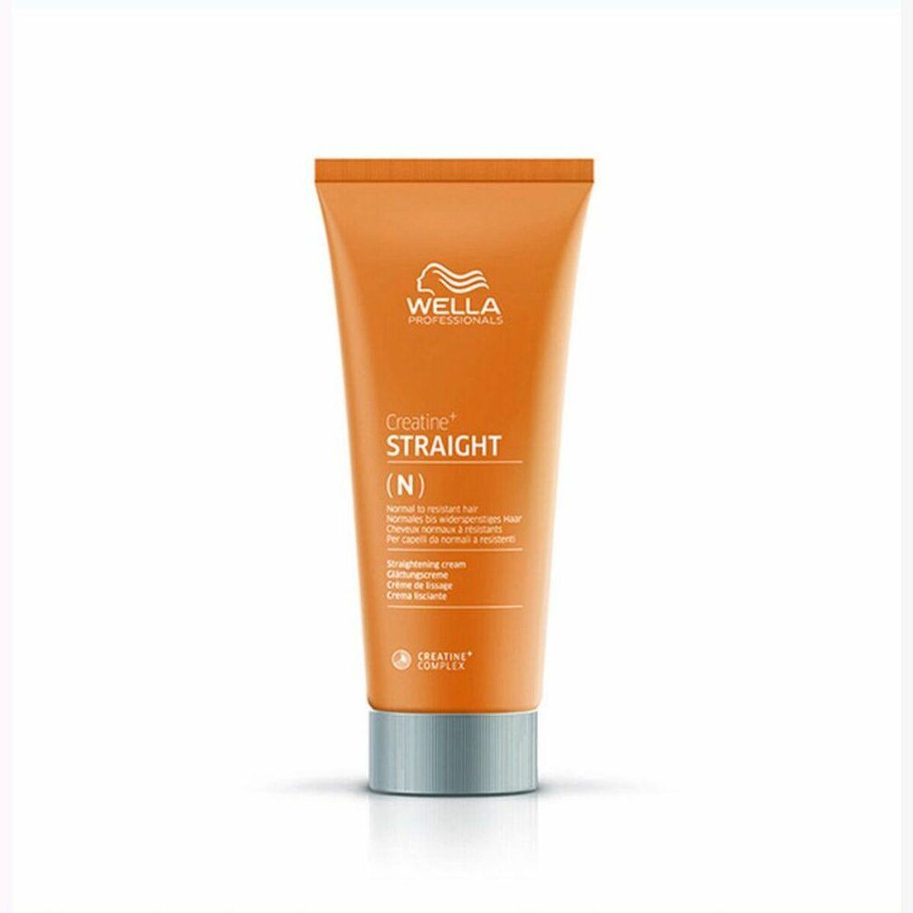 Orange Tube mit Wella Creatine+ Straight (N) Glättungscreme. Silberner Verschluss. Text in Deutsch, Englisch, Italienisch, Französisch.