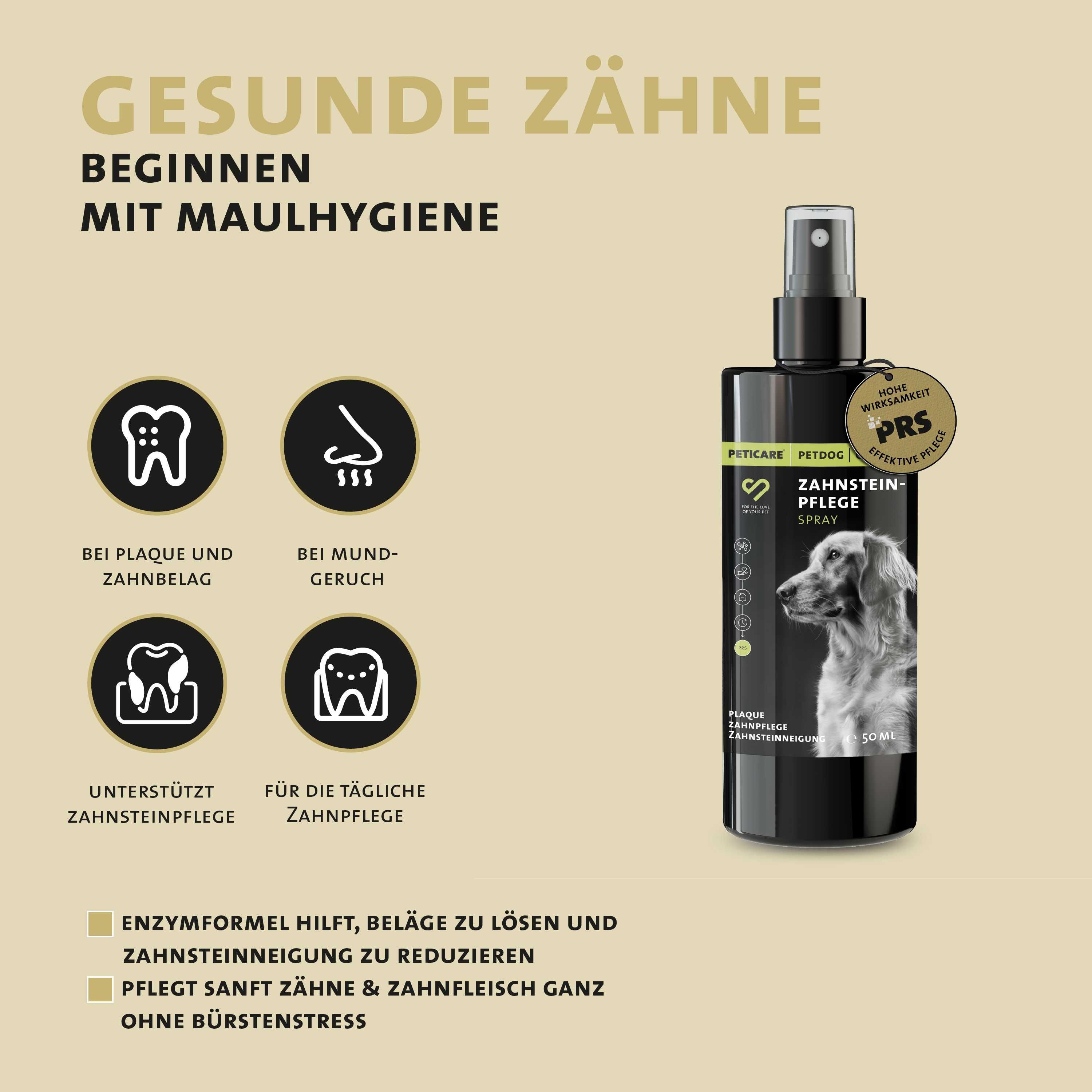 Peticare Zahnsteinpflege Spray Flasche neben Icons für gesunde Zähne, gegen Mundgeruch und Plaque.