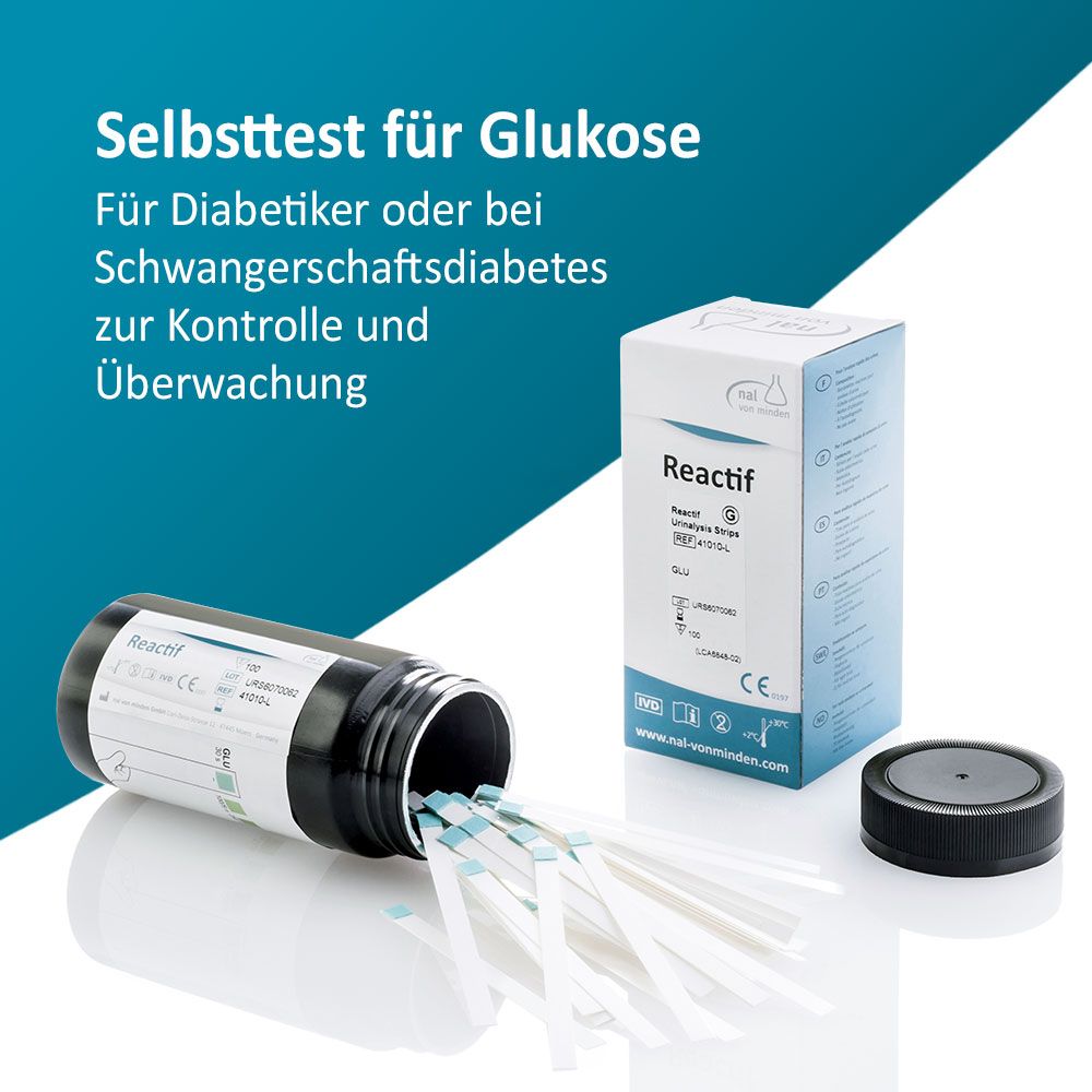 Behälter mit Teststreifen, daneben eine Packung Reactif. Aufschrift: Selbsttest für Glukose. Für Diabetiker.