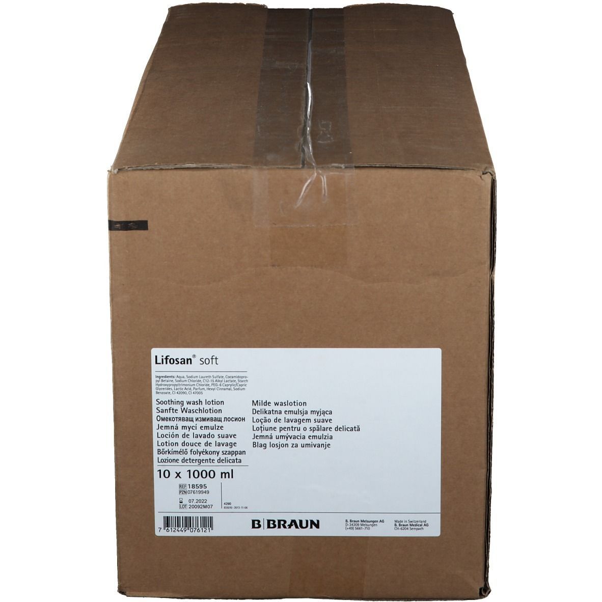 Karton mit Produktetikett. Aufschrift: Lifosan soft, 10 x 1000 ml. Marke B. Braun.