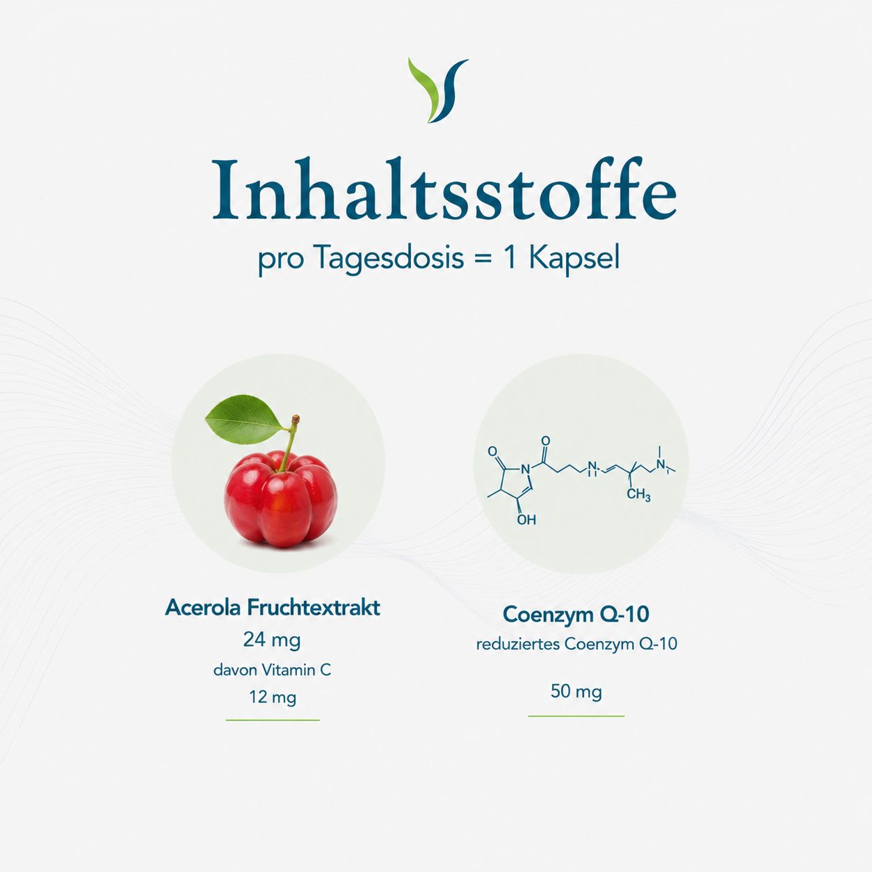 Acerola-Frucht und chemische Struktur von Coenzym Q-10. Inhaltsstoffe pro Tagesdosis = 1 Kapsel.