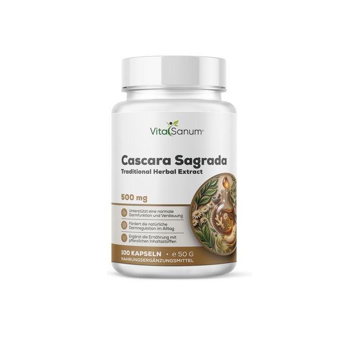 Weiße Kapsel-Flasche mit VitaSanum® Cascara Sagrada 500 mg Etikett und 100 Kapseln Angabe.