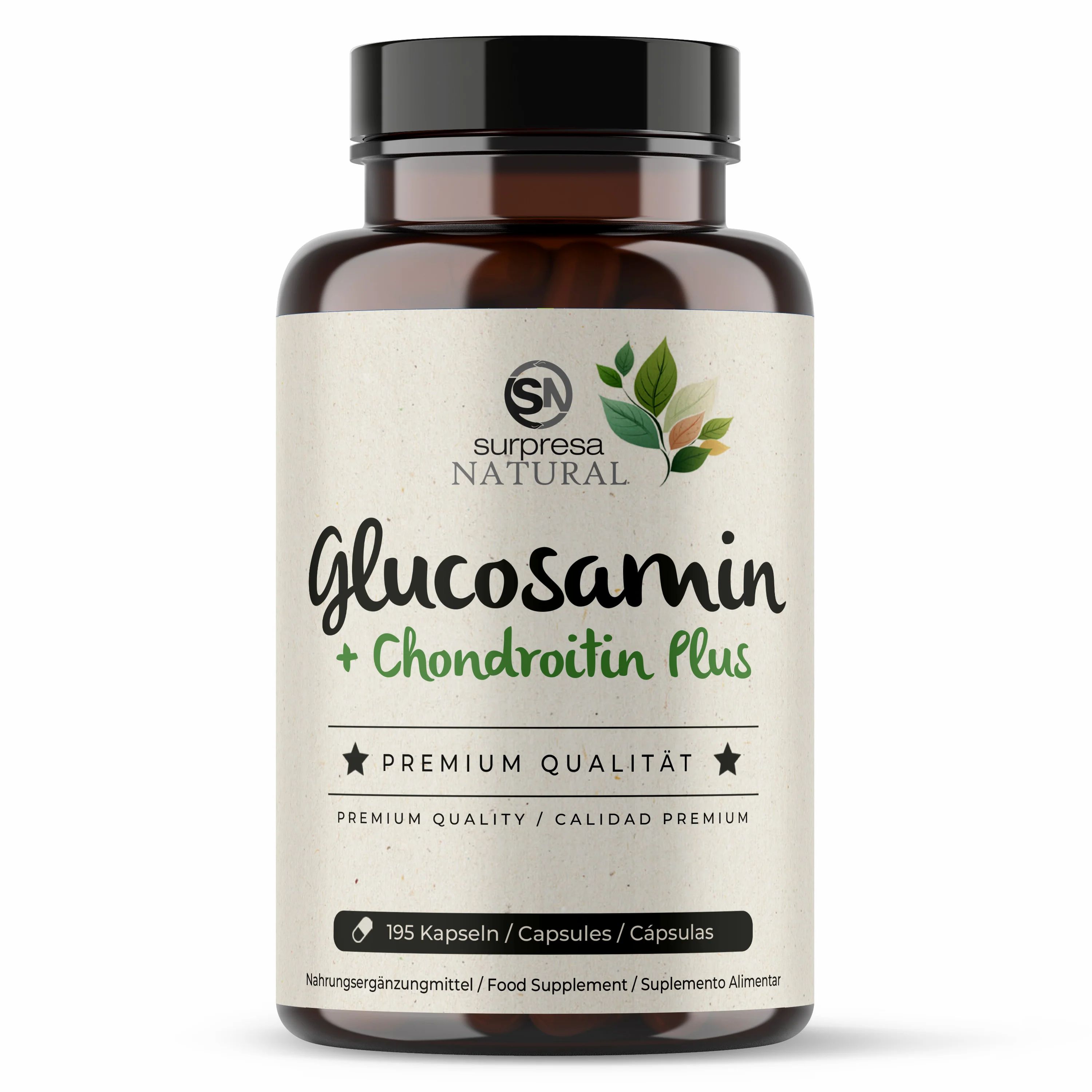 Braune Flasche mit schwarzen Deckel. Aufschrift: Glucosamin + Chondroitin Plus. Premium Qualität. 195 Kapseln.