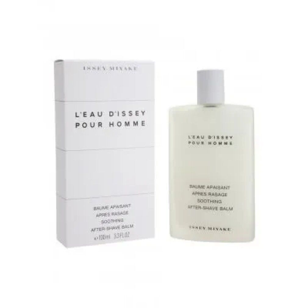 Weißer Flakon und Verpackung. Aufschrift: L'Eau d'Issey pour Homme, Baume Apaisant, Après Rasage, Soothing, After-Shave Balm. Marke: Issey Miyake. Volumen: 100ml.
