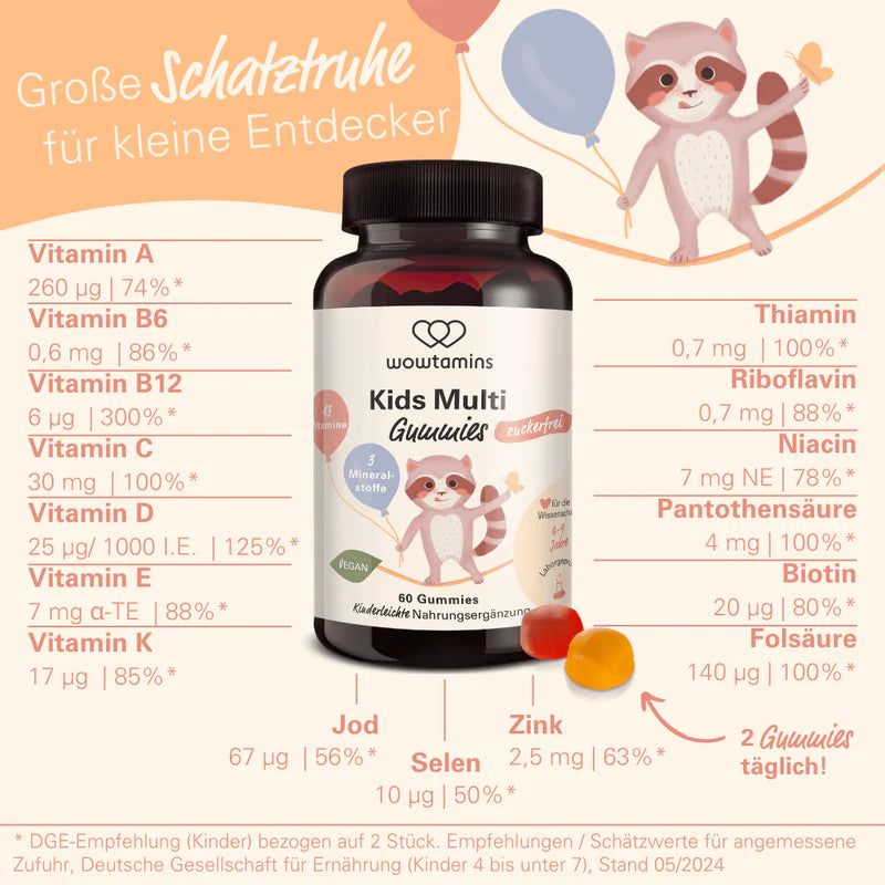Flasche WOWTAMINS Kids Multi Gummies, 60 Stück, mit Vitamin- und Mineralstoffangaben.