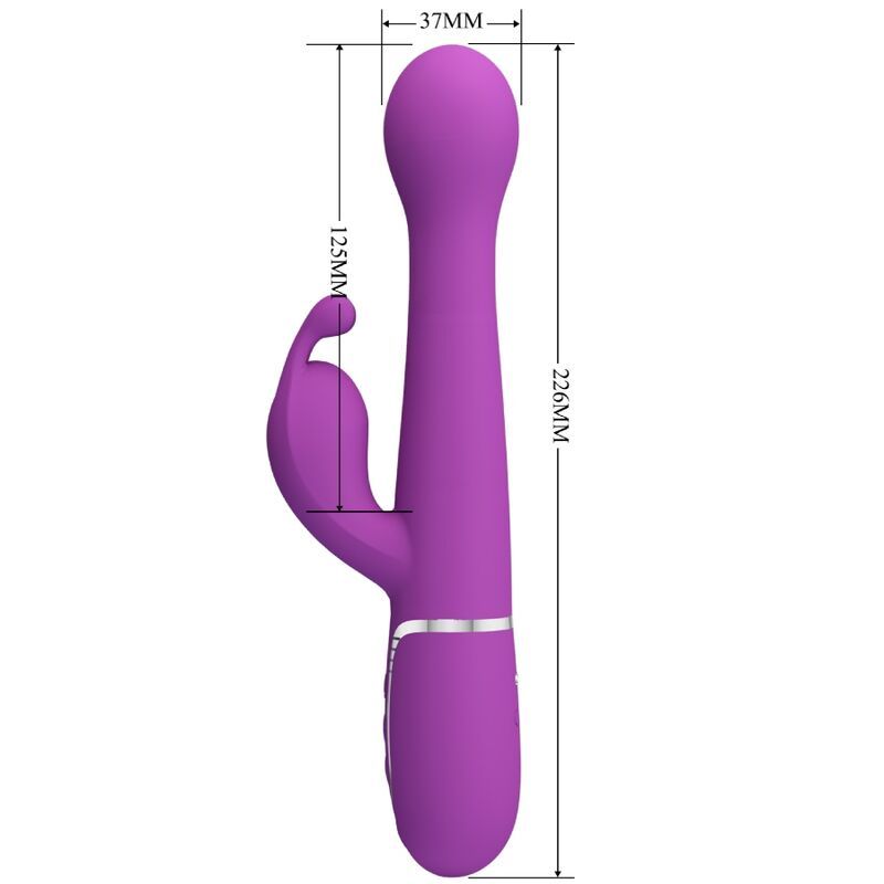 Lila Kaninchen-Vibrator mit Maßen: 226mm Länge, 37mm Kopfbreite.