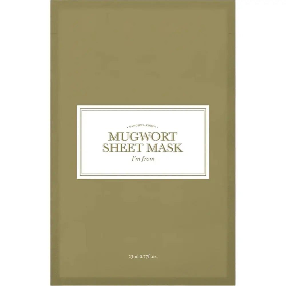 Grüne Sheet Maske mit weißem Etikett. Text: MUGWORT SHEET MASK, I'm from. Unten Text: 23ml 0.77fl.oz.