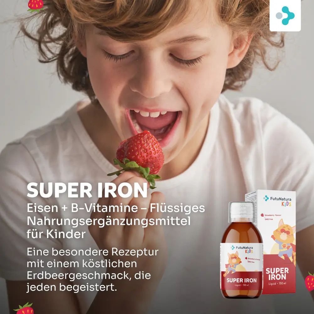 Kind is een aardbei aan het eten. Naast hem staat een flesje en een doosje van FutuNatura Super Iron.