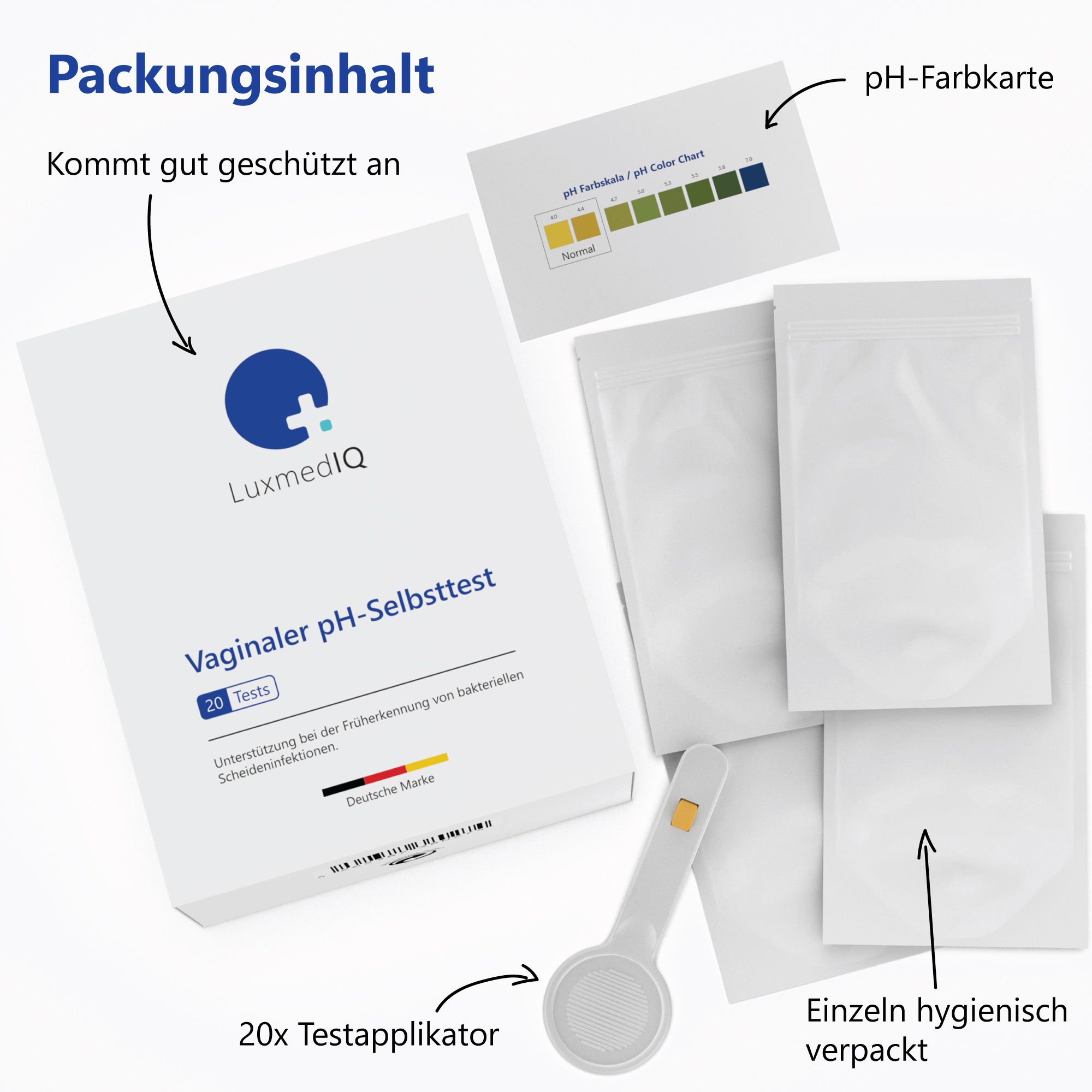 Produktverpackung mit Inhalt. Enthält Verpackung, Testapplikatoren und pH-Farbskala. Einzeln hygienisch verpackt.