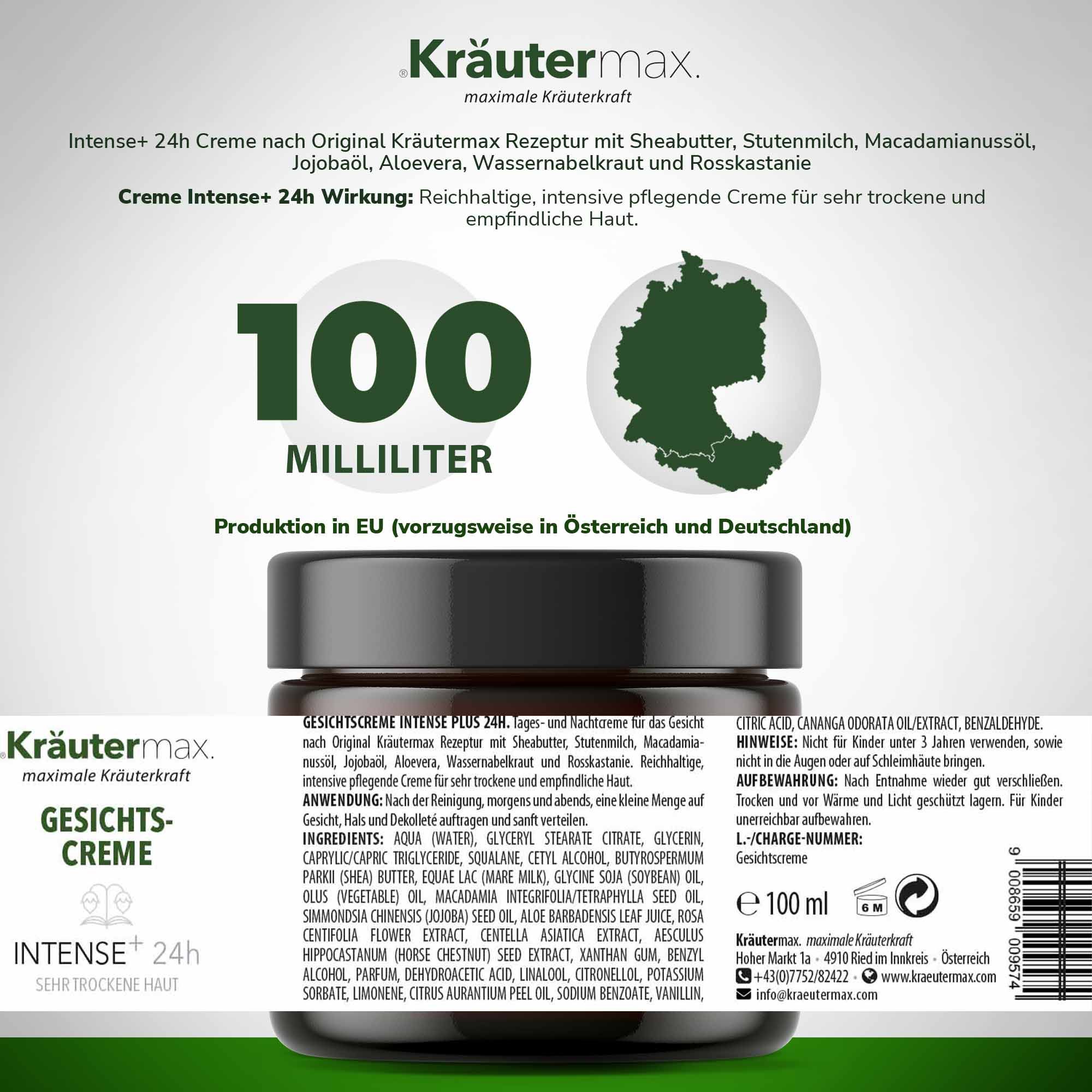 Braune Glasdose Kräutermax Gesichtscreme Intense+ 24h. 100 ml. Text und Deutschlandkarte. Produktion in EU.