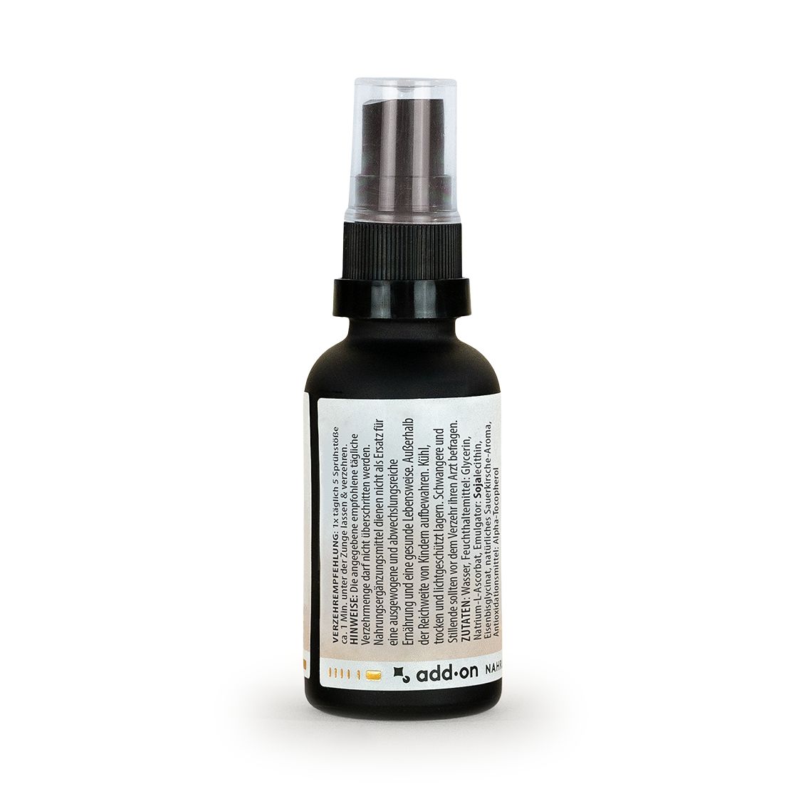 MITOcare Eisen Lipo Spray, 30ml Flasche mit Pumpspender, Seitenansicht mit Details.