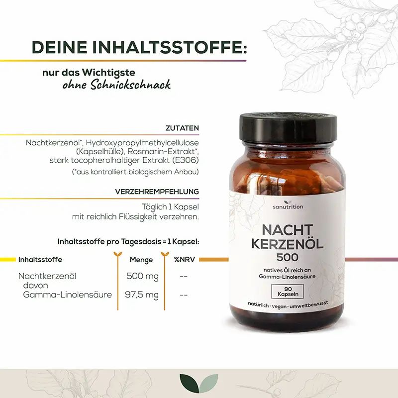 Braune Glasflasche mit Kapseln. Aufschrift: Nachtkerzenöl 500. Enthält 90 Kapseln. Inhaltsstoffangaben und Verzehrempfehlung.