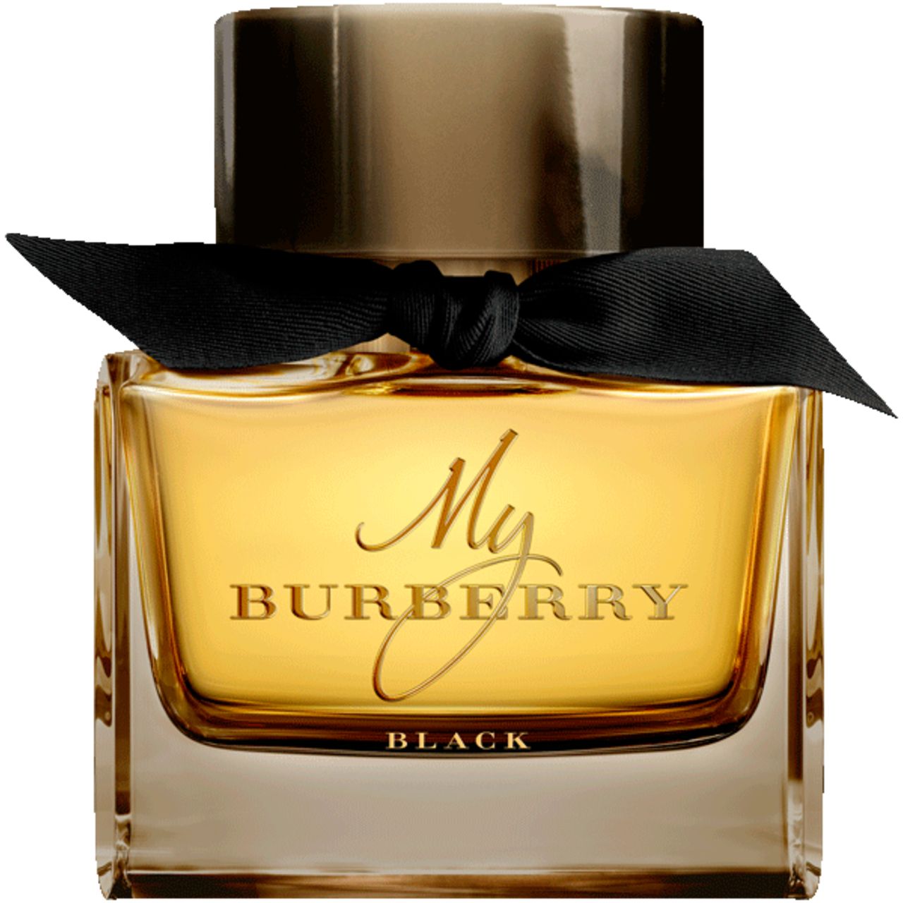 Burberry My Burberry Black E.d.P. Nat. Spray. Quadratischer Flakon mit schwarzer Schleife. Goldfarbener Schriftzug.