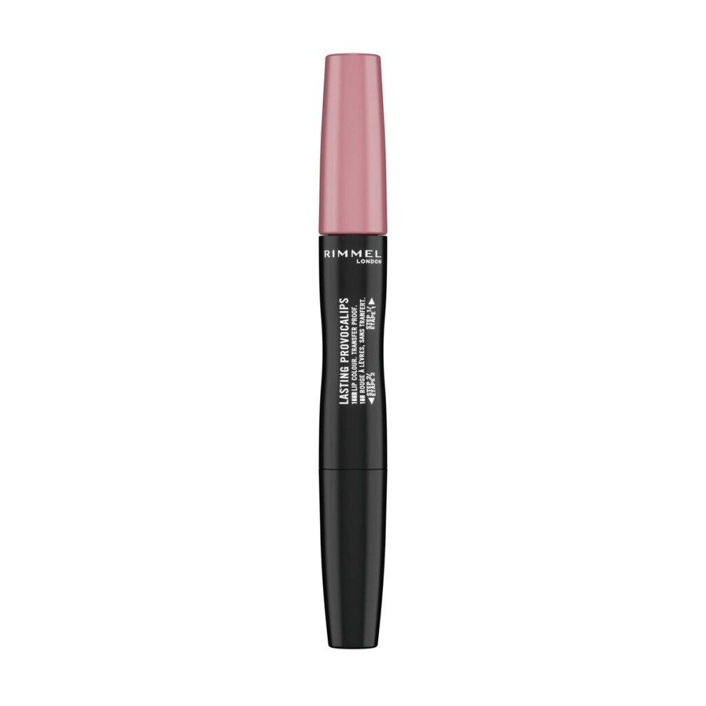 Lippenstift mit schwarzem Gehäuse und rosafarbenem Deckel. Aufschrift: Rimmel London Lasting Provocalips.