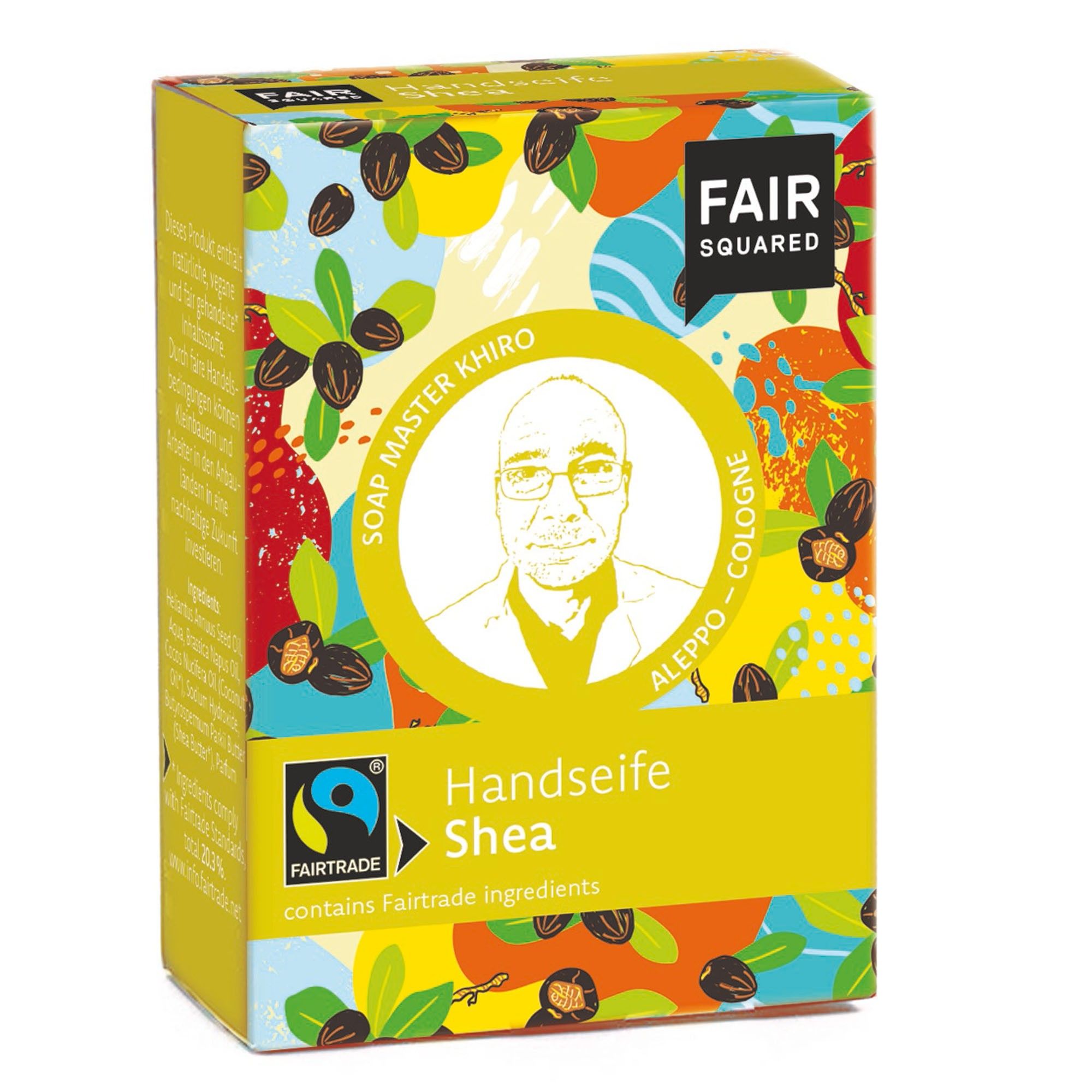 Gelbe Verpackung mit FAIR SQUARED Logo und Fairtrade-Siegel. Handseife Shea, Abbildung von Sheanüssen und einem Porträt.