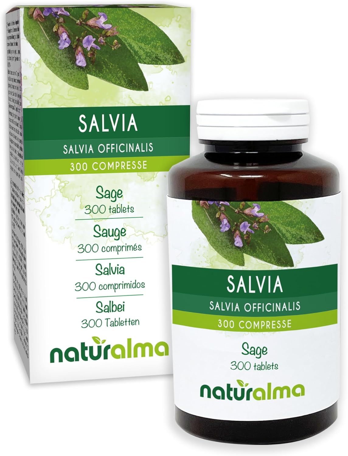 Produktverpackung und Flasche mit Tabletten. Text: Salvia Salvia officinalis 300 Tabletten. Logo Naturalma.