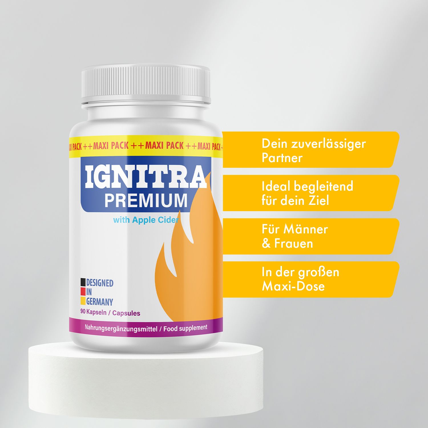 Weiße Flasche mit blauer Aufschrift IGNITRA PREMIUM und orangefarbenem Flammen-Design. Enthält 90 Kapseln. Auf Podest platziert.
