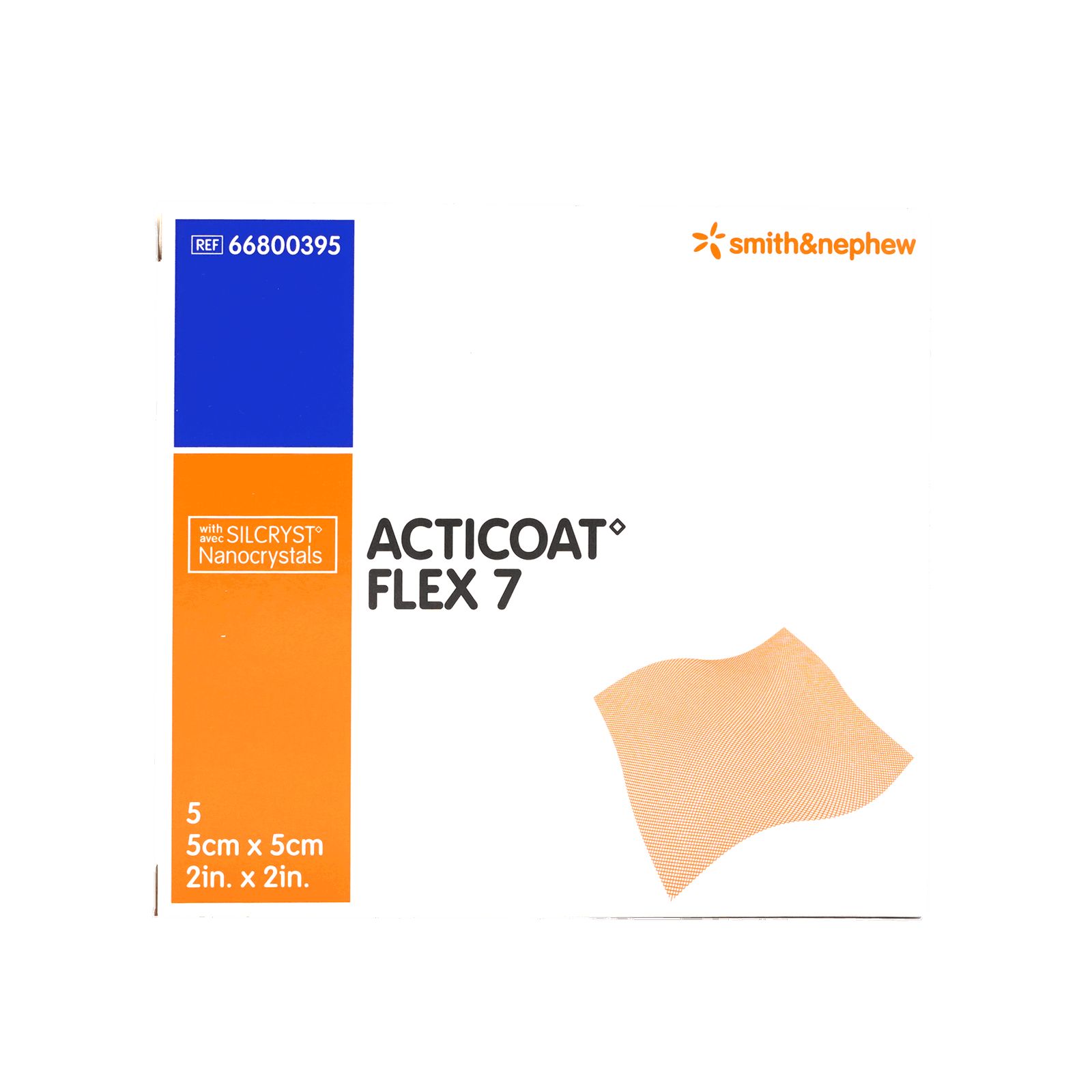 ACTICOAT FLEX 7 Wundauflage, rechteckig, beige. Verpackung mit blauen und orangen Elementen. Größenangabe: 5 cm x 5 cm.
