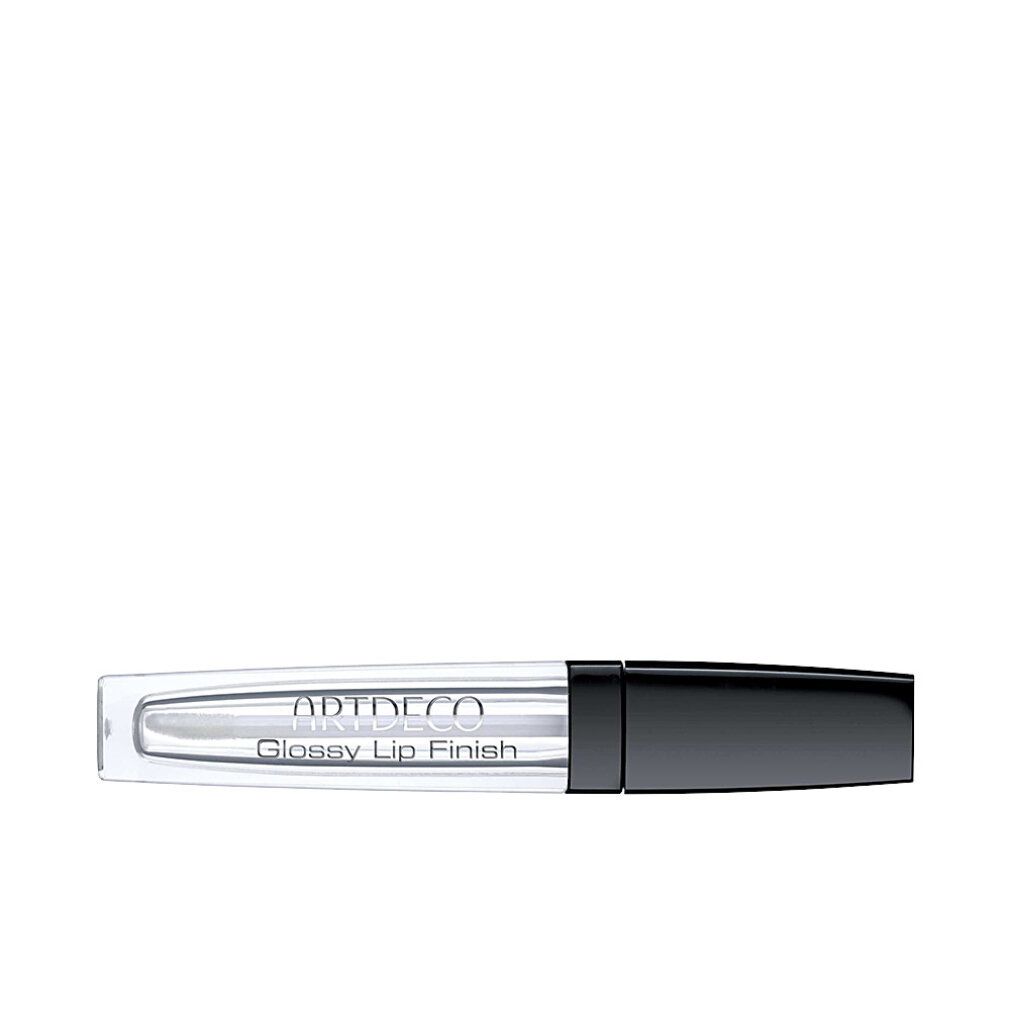 Artdeco Glossy Lip Finish. Horizontale Ansicht. Transparente Tube mit schwarzem Deckel. Produktname und Marke sichtbar.