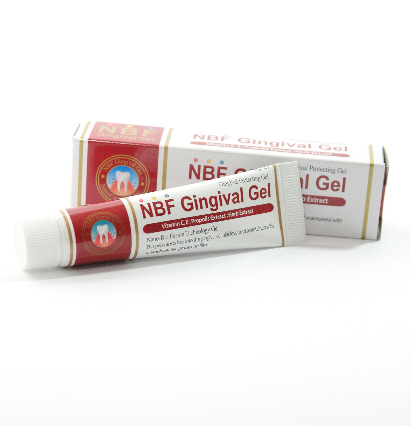 Zahnfleischgel-Tube und -Schachtel. Aufschrift: NBF Gingival Gel. Rote und weiße Verpackung. Produktname und Inhaltsstoffe.