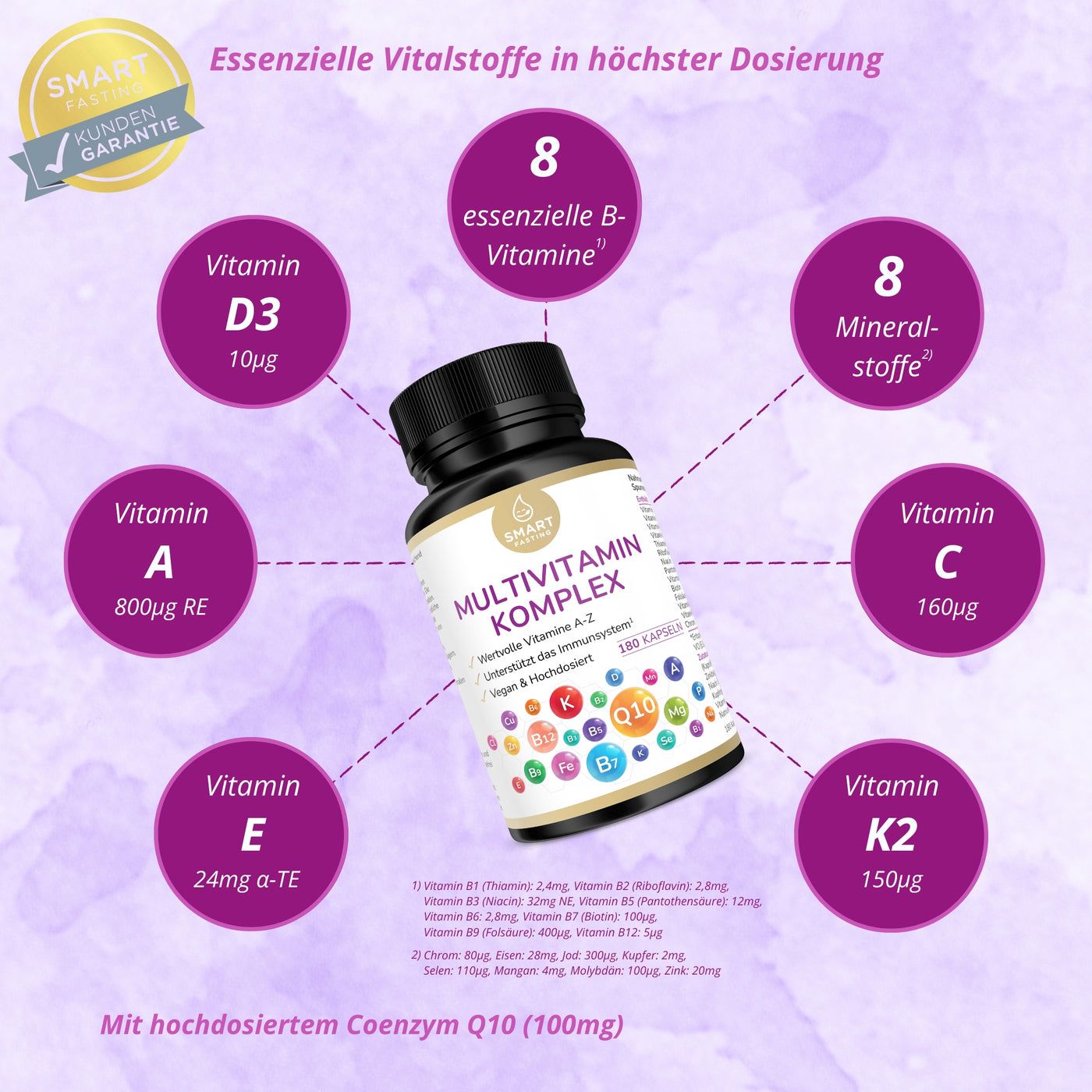 Braune Flasche mit weißen Kapseln. Aufschrift: Multivitamin Komplex, Vitamin A-Z, vegan, hochdosiert. 180 Kapseln. Diagramm mit Vitaminen.