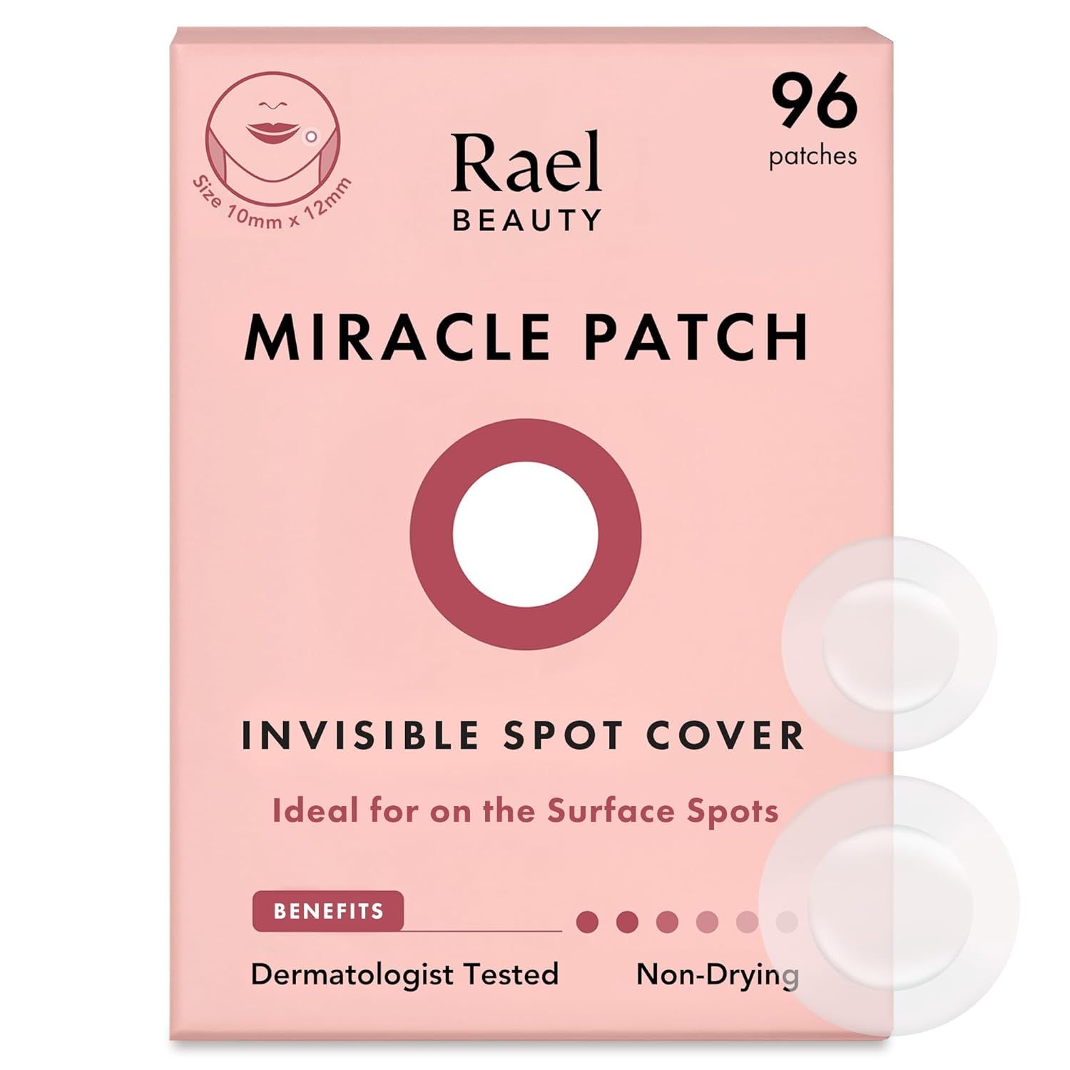 Rosa Verpackung mit Produktnamen und Logo. Enthält 96 Patches. Aufgedruckte Größenangaben: 10mm x 12mm. Dermatologisch getestet.